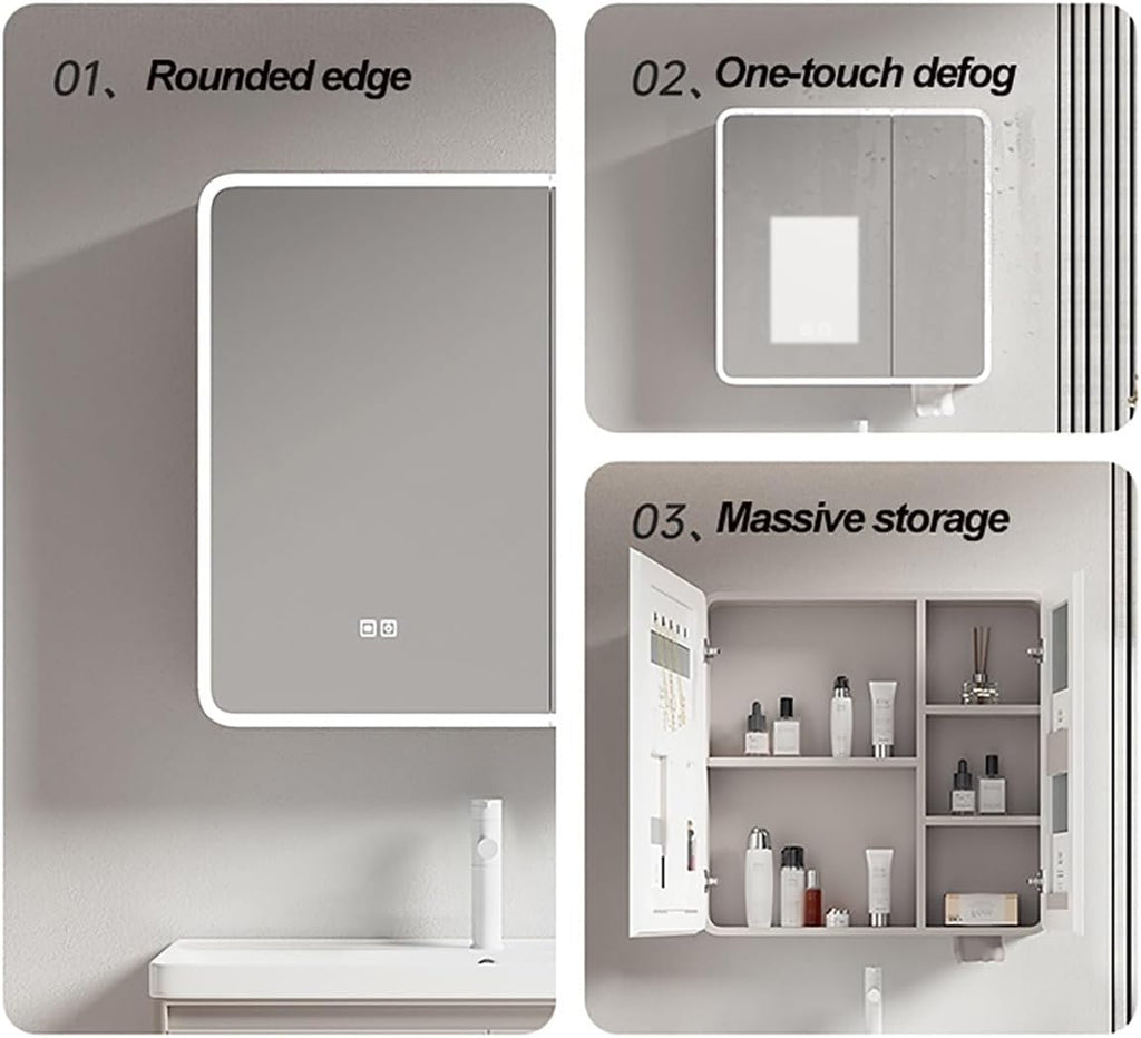 Rounded Corner Medicine Cabinet with LED Lights, Anti-Fog Bathroom Mirror Storage Shelf, Wall-Mounted Vanity Mirror for Bathroom, Stylish & Functional Design,Beige,56cm/22in