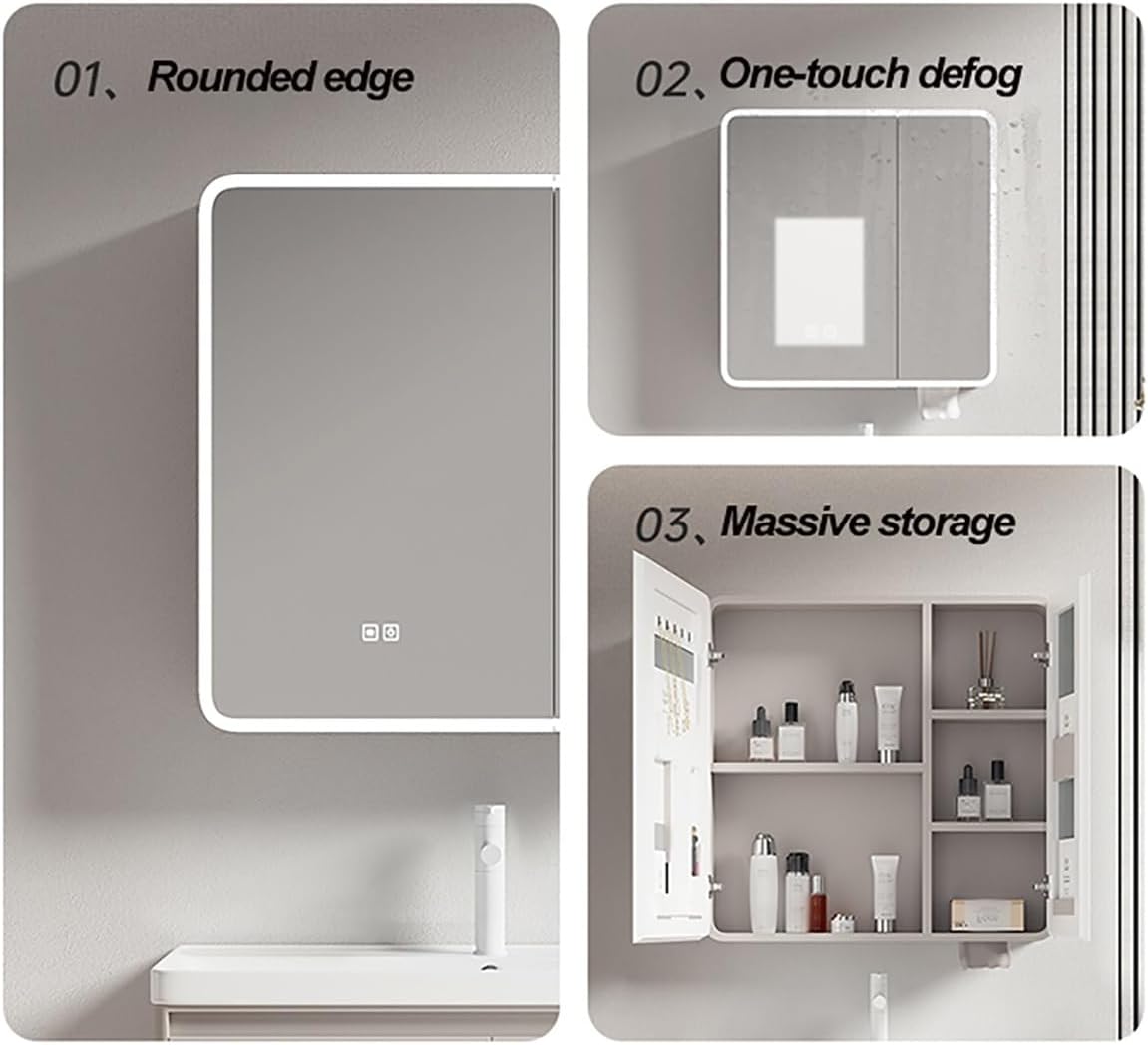 Rounded Corner Medicine Cabinet with LED Lights, Anti-Fog Bathroom Mirror Storage Shelf, Wall-Mounted Vanity Mirror for Bathroom, Stylish & Functional Design,Beige,56cm/22in