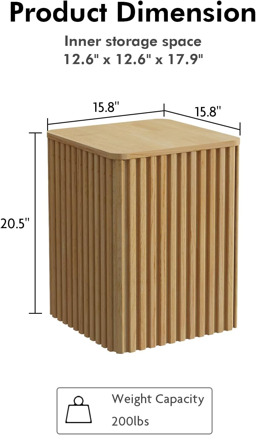 Set of 2 Fluted Side Table with Storage-Small Square End Table with Solid Wood Veneer Top, Accent Table Modern Farmhouse Pedestal Drink Table for Couch Sofa Living Room, Natural