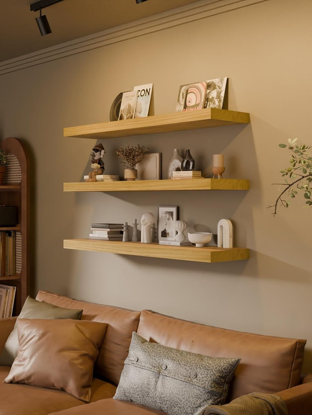 48-Inch Floating Shelves, Set of 3 Wall Mounted Storage Ledges, 12-Inch Deep Extra-Thick Solid Paulownia Wood Shelving for Kitchen, Living Room, Bedroom & Bathroom, Natural Clear Finish