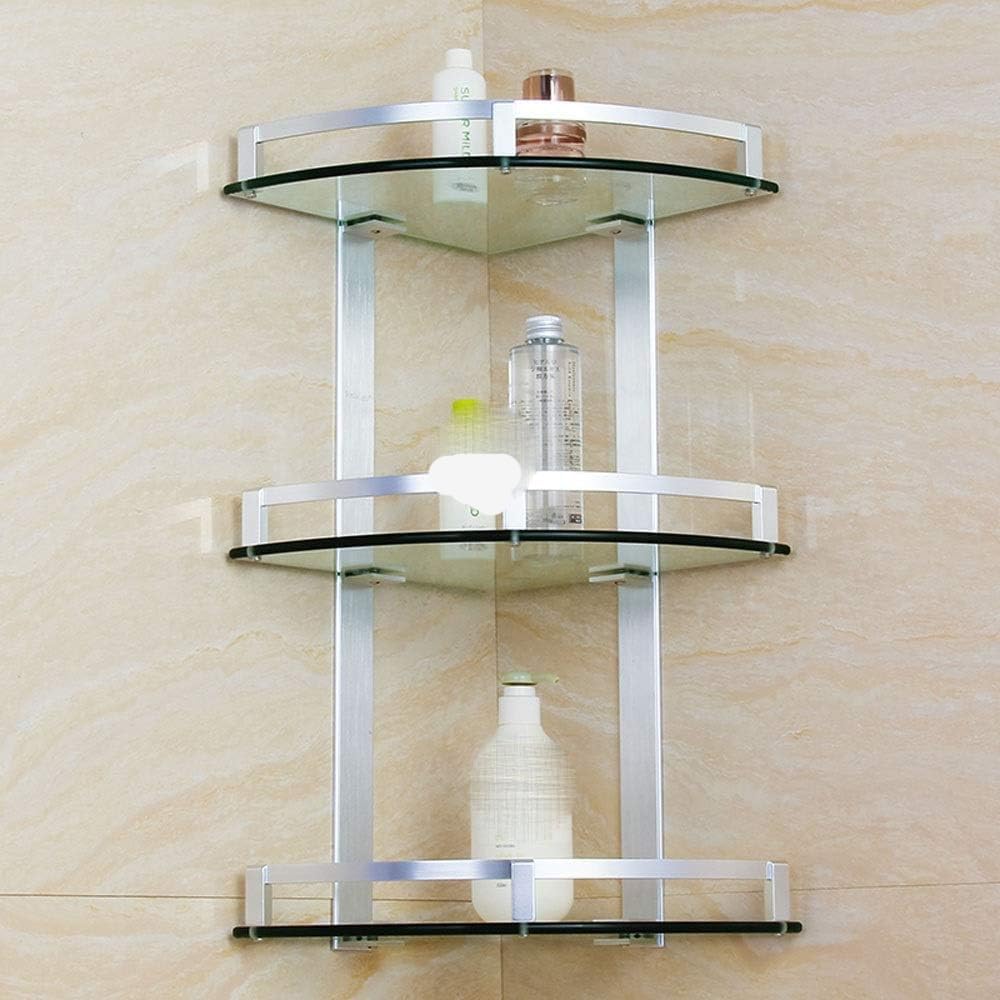 Multifunctional 3-Tier Aluminum Glass Corner Shelf - Wall-Mounted Bathroom Storage Caddy Shower Silver Sand Sprayed Finish Size: 28Cm