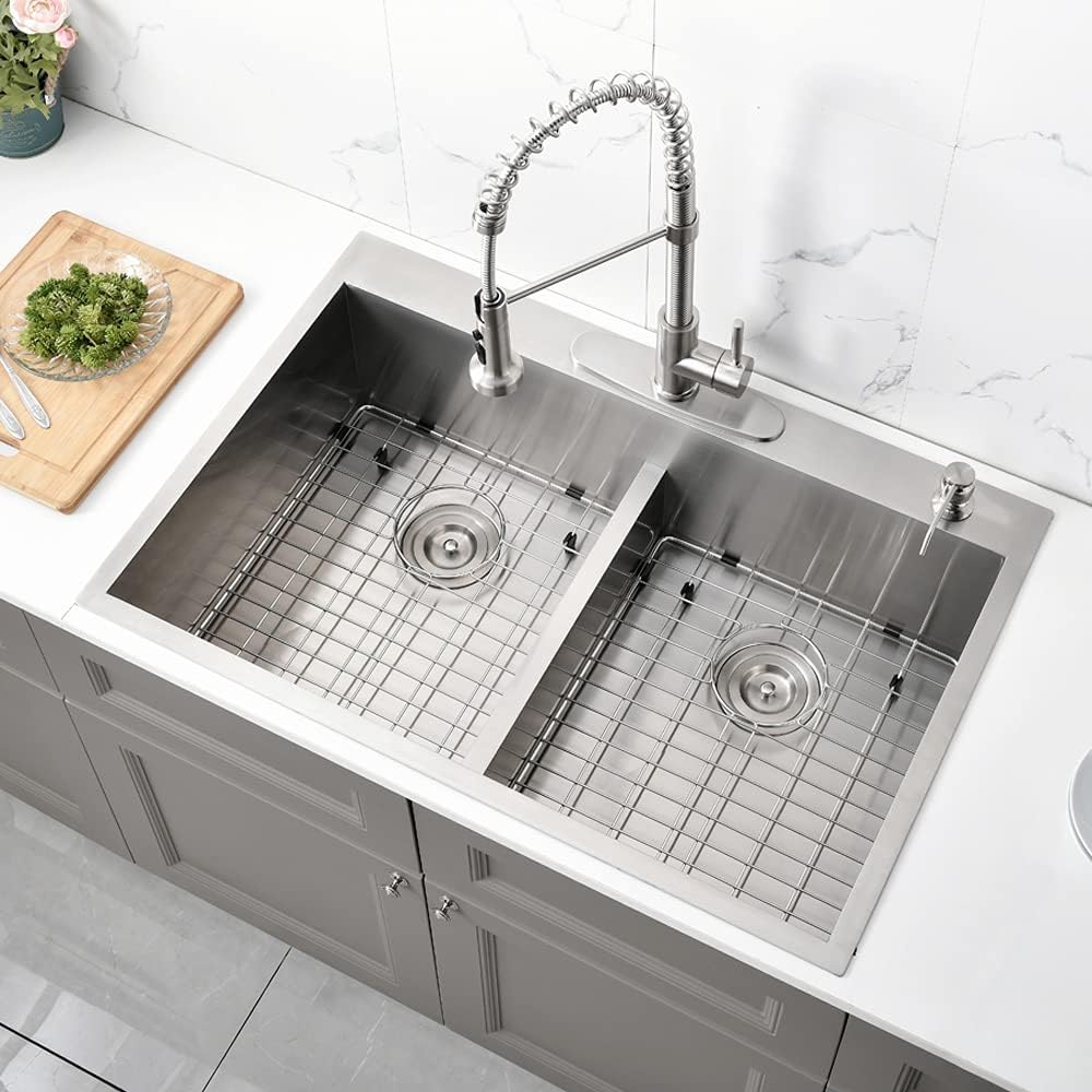 33 Inch Double Bowl Drop In Kitchen Sink-Bokaiya 33x22 Stainless Steel Drop-In Sink Kitchen Top Mount 16 Gauge Deep 50/50 Low-Divide Over Counter Double Bowl Kitchen Sink with Rack&Grid