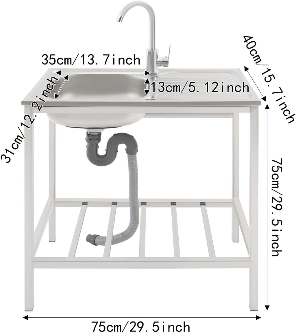 Free Standing Stainless Steel Commercial Sink Set, 47 Inch Double Bowl Utility Sink with Triple Storage Shelves, Worktable, Faucet & Drainboard for Restaurant Kitchen Laundry Garage