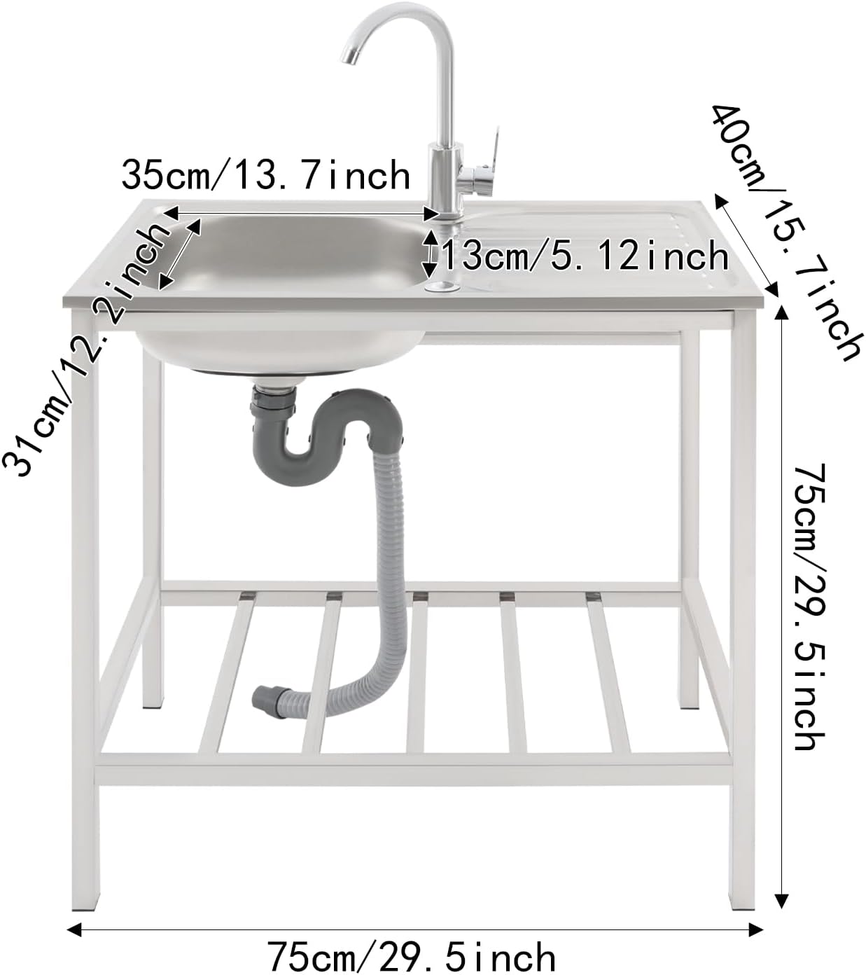 Free Standing Stainless Steel Commercial Sink Set, 47 Inch Double Bowl Utility Sink with Triple Storage Shelves, Worktable, Faucet & Drainboard for Restaurant Kitchen Laundry Garage