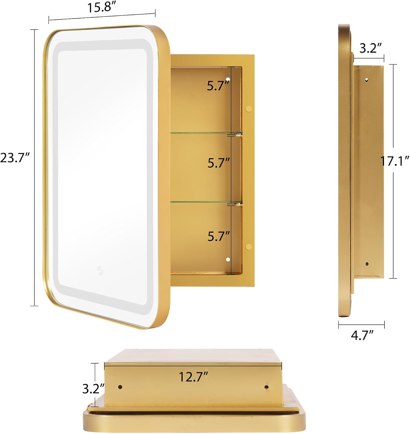 soges LED Medicine Cabinet Lighted Bathroom Mirror, Bathroom Vanity Mirror with 2 Storage Shelves, 24'x 16' Recessed Medicine Cabinet, Wall Mounted Deep Metal Framed Rounded Corner, Gold