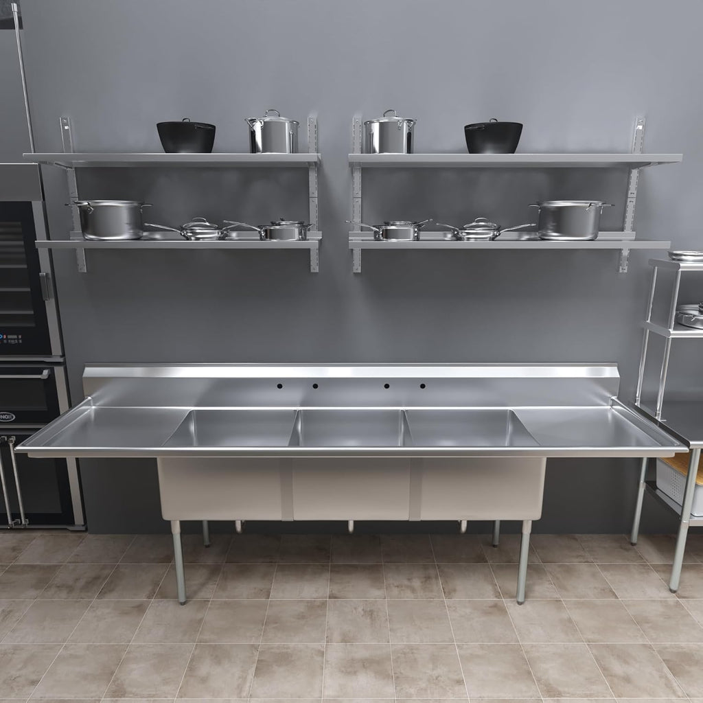 Three Compartment Stainless Steel Commercial Kitchen Prep & Utility Sink | Bowl Size 24' x 24' X 14' | NSF Certified (Size 120' x 30' x 43')