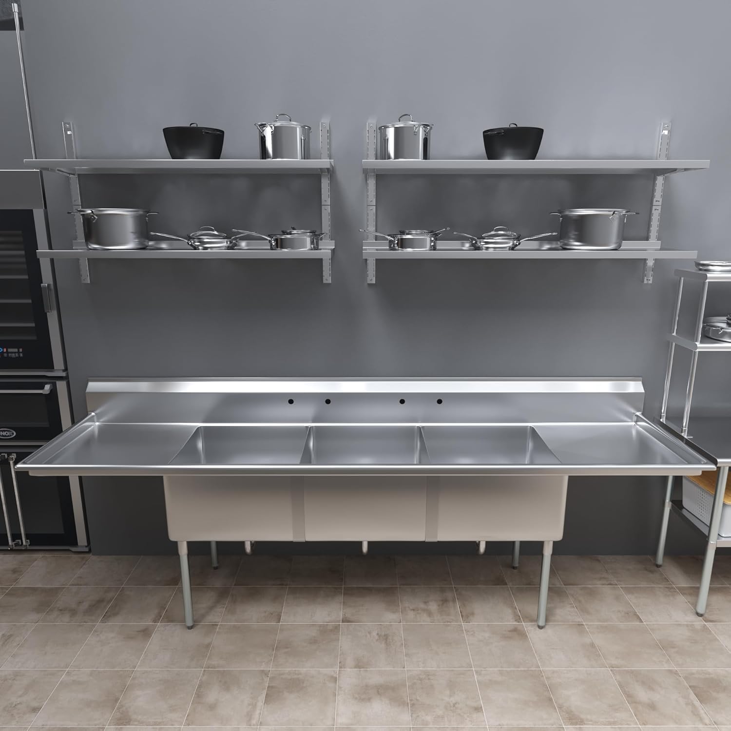 Three Compartment Stainless Steel Commercial Kitchen Prep & Utility Sink | Bowl Size 24' x 24' X 14' | NSF Certified (Size 120' x 30' x 43')