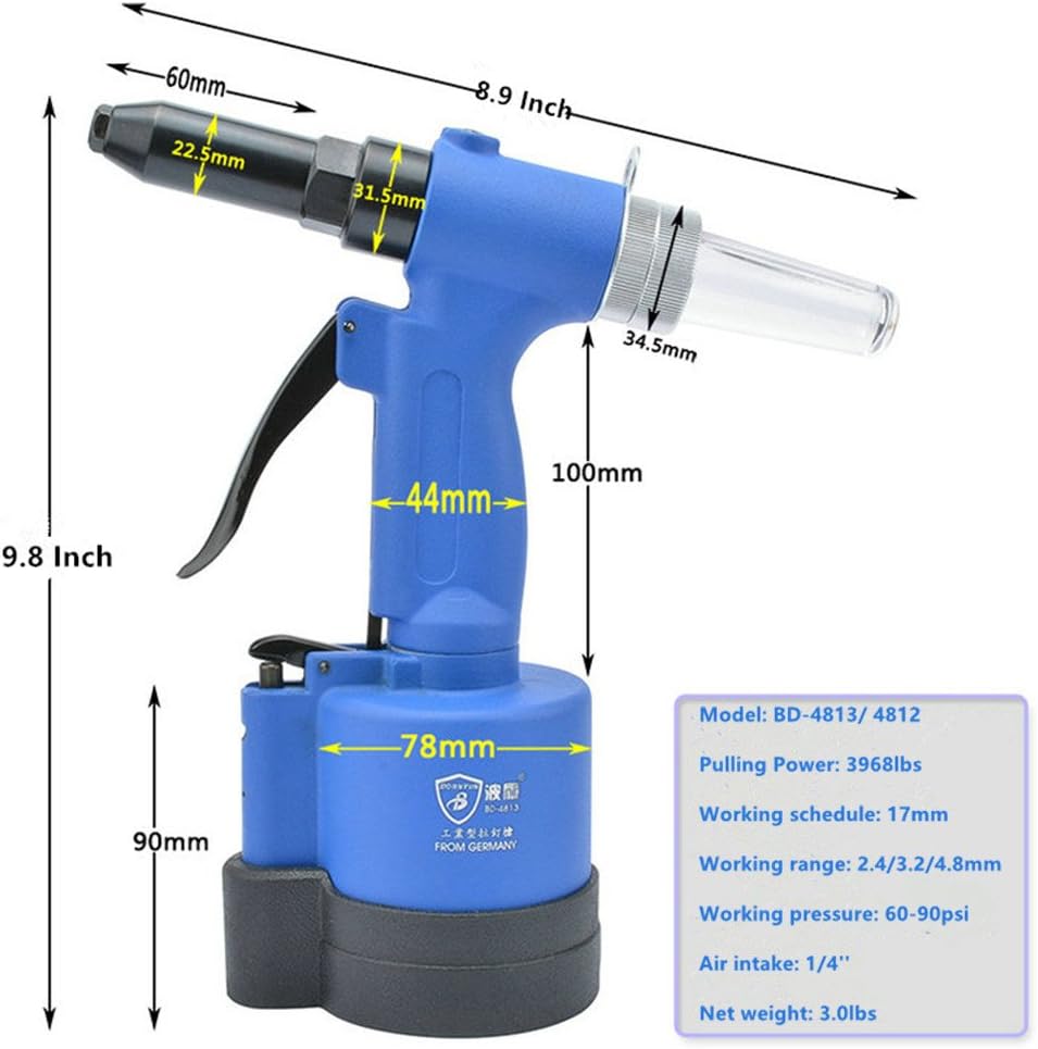 Air Rivet Gun Pneumatic Pop Hydraulic Riveter Efficient Heavy Duty Riveting Tools 90 PSI (Standard)