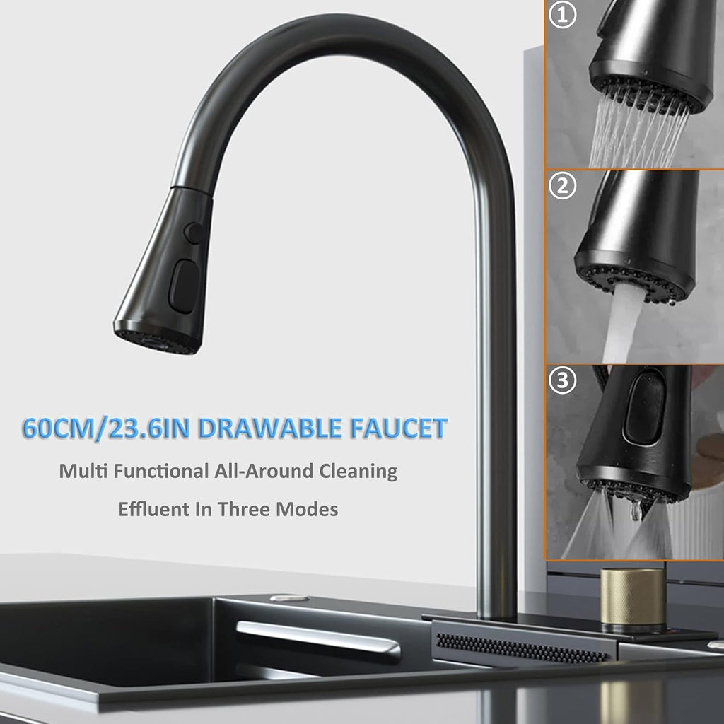304 Stainless Steel Kitchen Waterfall Sink Multi-function Single Bowl Bar Sink Rv Sink With Faucet And Drainage Components Drop In Or Under Mount ( Color : Black , Size : 75x46x23.5cm ) (Black 75