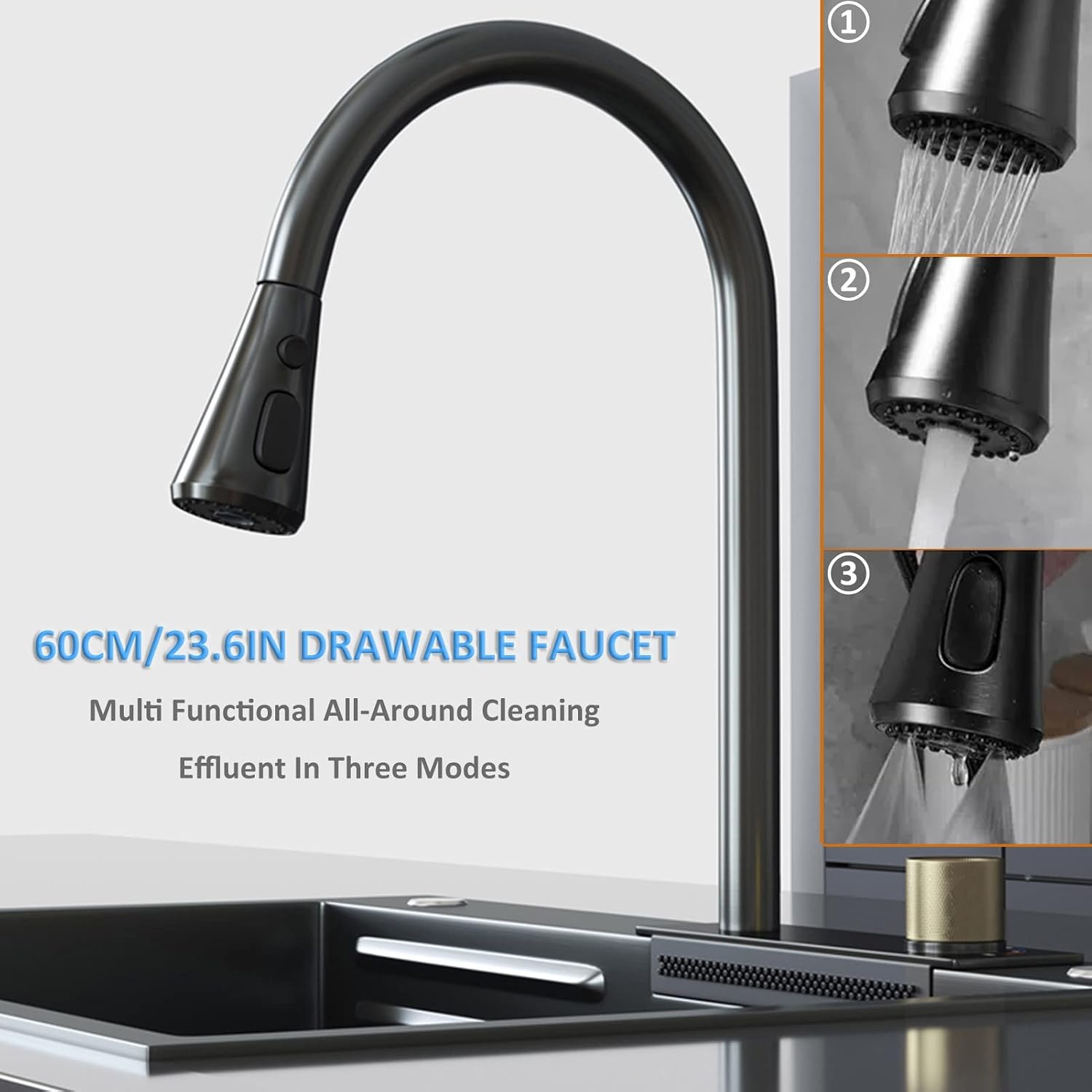 304 Stainless Steel Kitchen Waterfall Sink Multi-function Single Bowl Bar Sink Rv Sink With Faucet And Drainage Components Drop In Or Under Mount ( Color : Black , Size : 75x46x23.5cm ) (Black 75