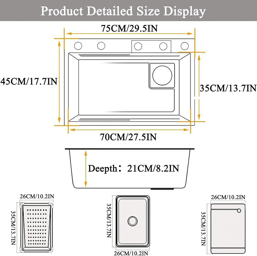 Waterfall Kitchen Sink Top-Mount Stainless Steel Kitchen Bar Sink Nano Single Bowl Sink Multi-Function Workstation Sink with Pull-Out Faucet, 2 Drain Basket(