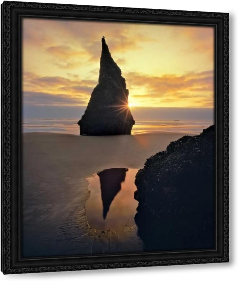 ArtDirect Oregon Rock formation at sunset on Bandon Beach 36x45 Huge Black Ornate Wood Framed Canvas Giclee Art by Terrill, Steve