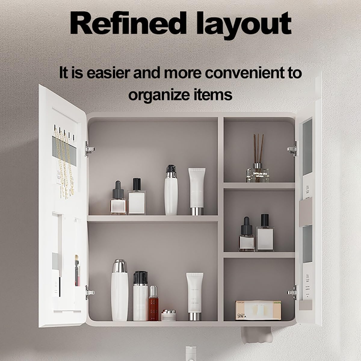 Round Corner Mirror Medicine Cabinet with White Lights - Anti-Fog Bathroom Mirror Storage Shelf, Wall-Mounted for Modern Vanities & Stylish Bathroom Decor,Beige-60cm/24in