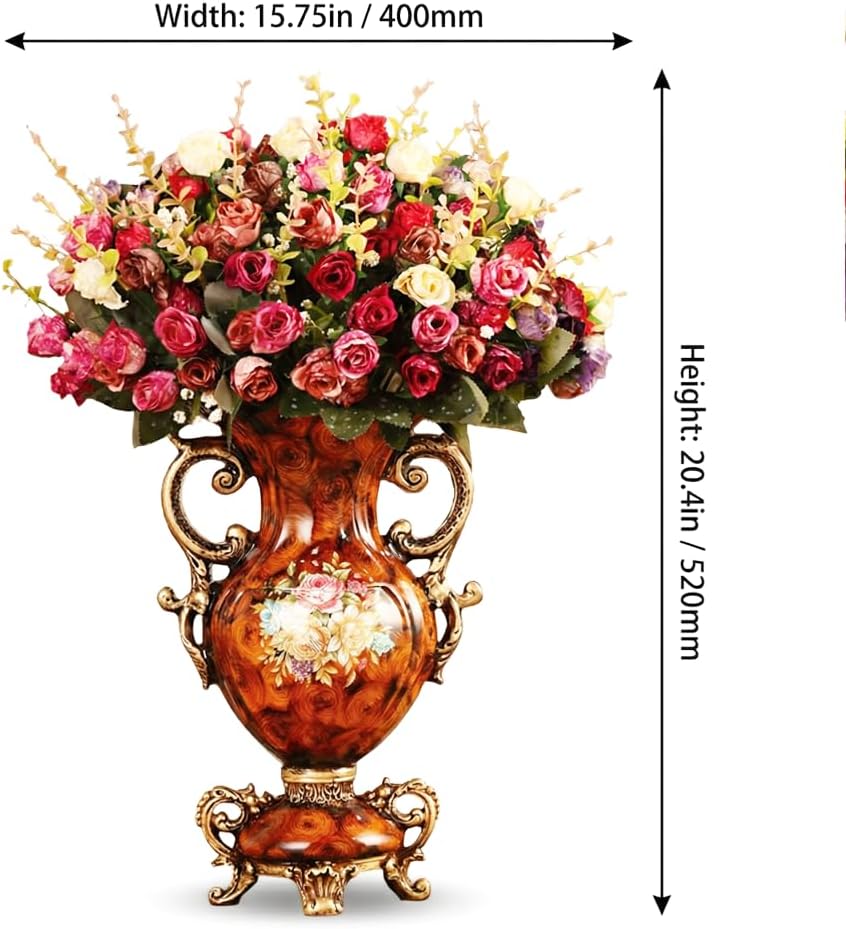 Artificial Flowers in Vase - Vintage Home Decor with Floral Arrangement, Luxury Indoor Table Centerpiece for Living Room, Wedding Party Decoration (European Wood Grain Style)