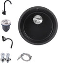 Bar Prep Sink with Accessories, Black Quartz Kitchen Sink Drop in, Small Bar Sink Drop in with Faucet, Dent-Resistant Bar Sink Round Undermount Round Sink Bowls for Bar, Bathroom, Balcony