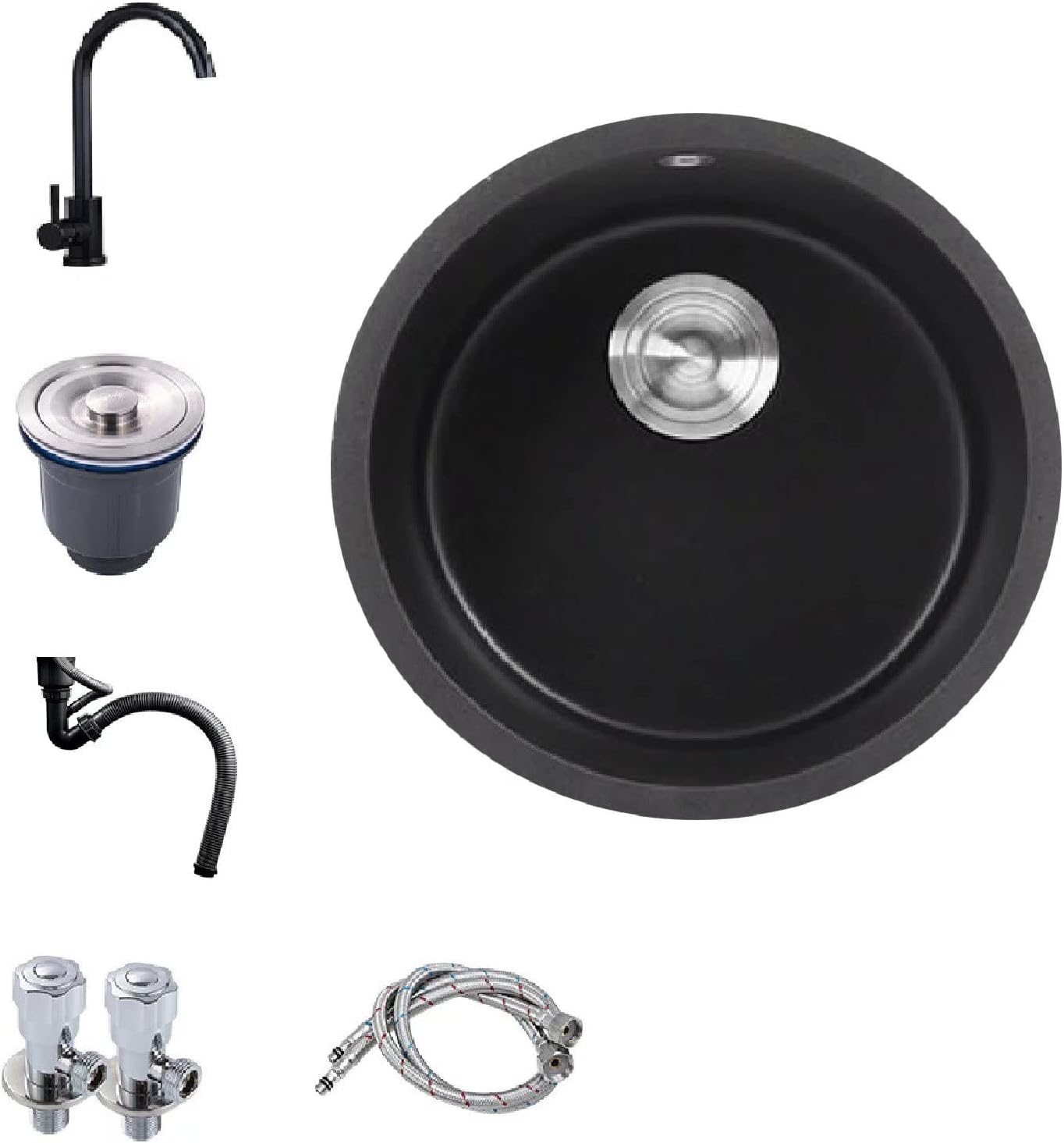 Bar Prep Sink with Accessories, Black Quartz Kitchen Sink Drop in, Small Bar Sink Drop in with Faucet, Dent-Resistant Bar Sink Round Undermount Round Sink Bowls for Bar, Bathroom, Balcony
