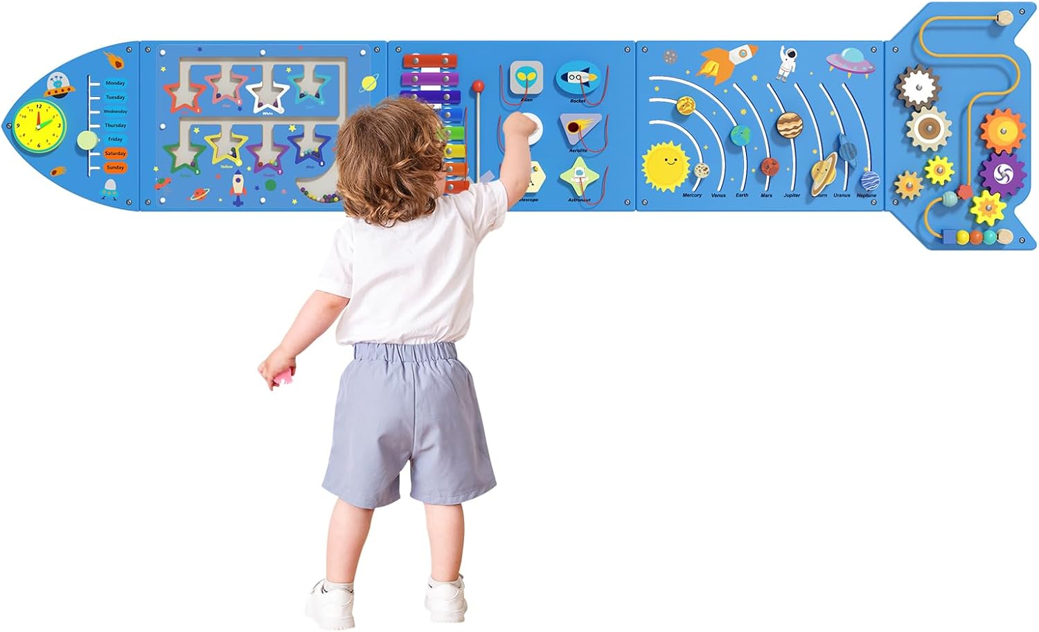 Rocket Activity Wall Busy Board Panels - Sensory Wall Panel for Kids, Montessori Toddler Wall Activity Board, Wall Toys for Toddlers 3, Activity Cube, Wooden Boards, Blue