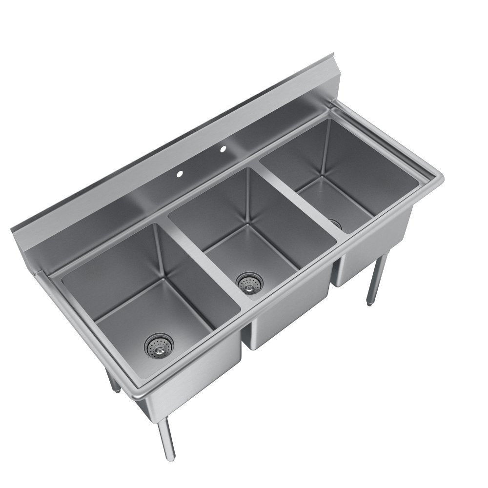 Elkay Foodservice 3 Compartment Sink, 63'X29.75' OA, 36' Working Height, 18X24 Bowl, 14 Deep, 9.75' Backsplash, No Drainboards, 8' On Center Faucet Hole, Galvinized Legs, Adjustable Feet, 16 Gauge 300 Series Stainless Steel, NSF Certified