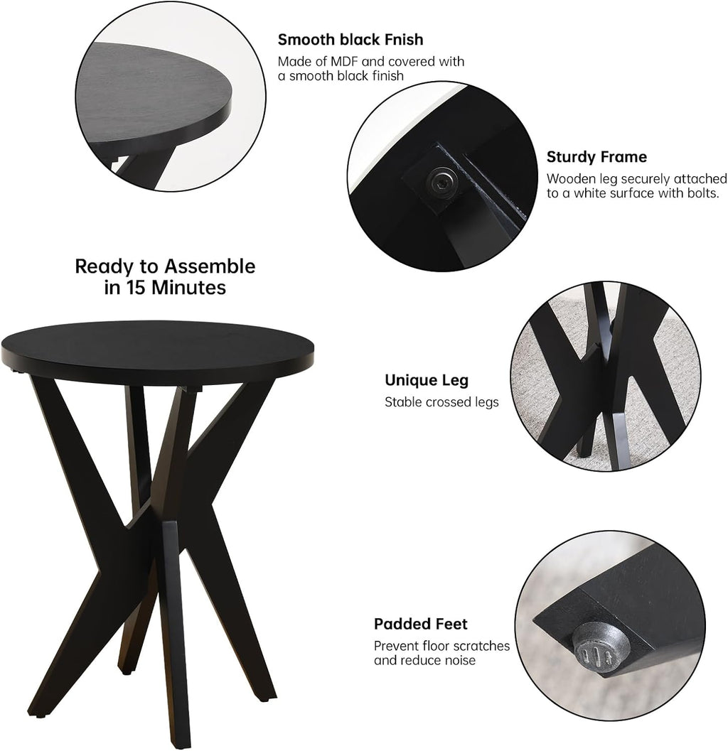 Ahokua Modern Black Round End Table Set of 2, Mid-Century Accent Side Table with MDF Top and Crossed Legs for Living Room, Bedroom, Small Spaces, Industrial & Minimalist Style