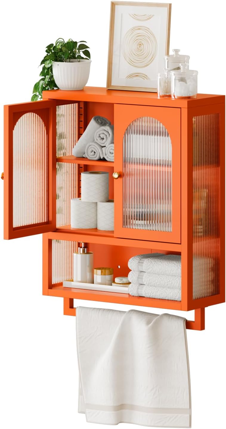 ALBAD Metal Bathroom Wall Cabinet with Fluted Glass Door and Towel Bar Wall-Mounted Medicine Cabinets Over the Toilet for Modern Bathroom, Kitchen, Garage, Laundry Room, Orange