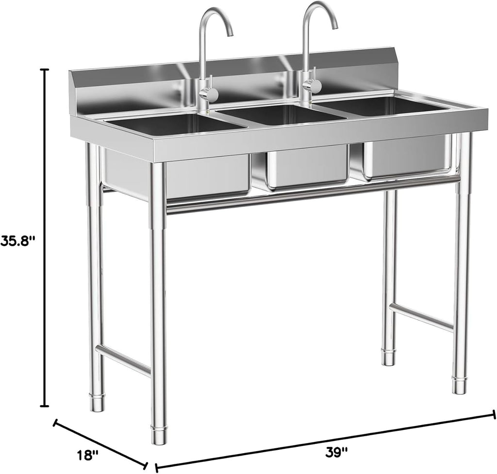 Stainless Steel Sink 3 Compartment Commercial Utility Sink Free Standing Kitchen Sinks with 2 Cold and Hot Water Faucets for Kitchens, Garage, Laundry Room (39''W ×18''D ×35.8'H)