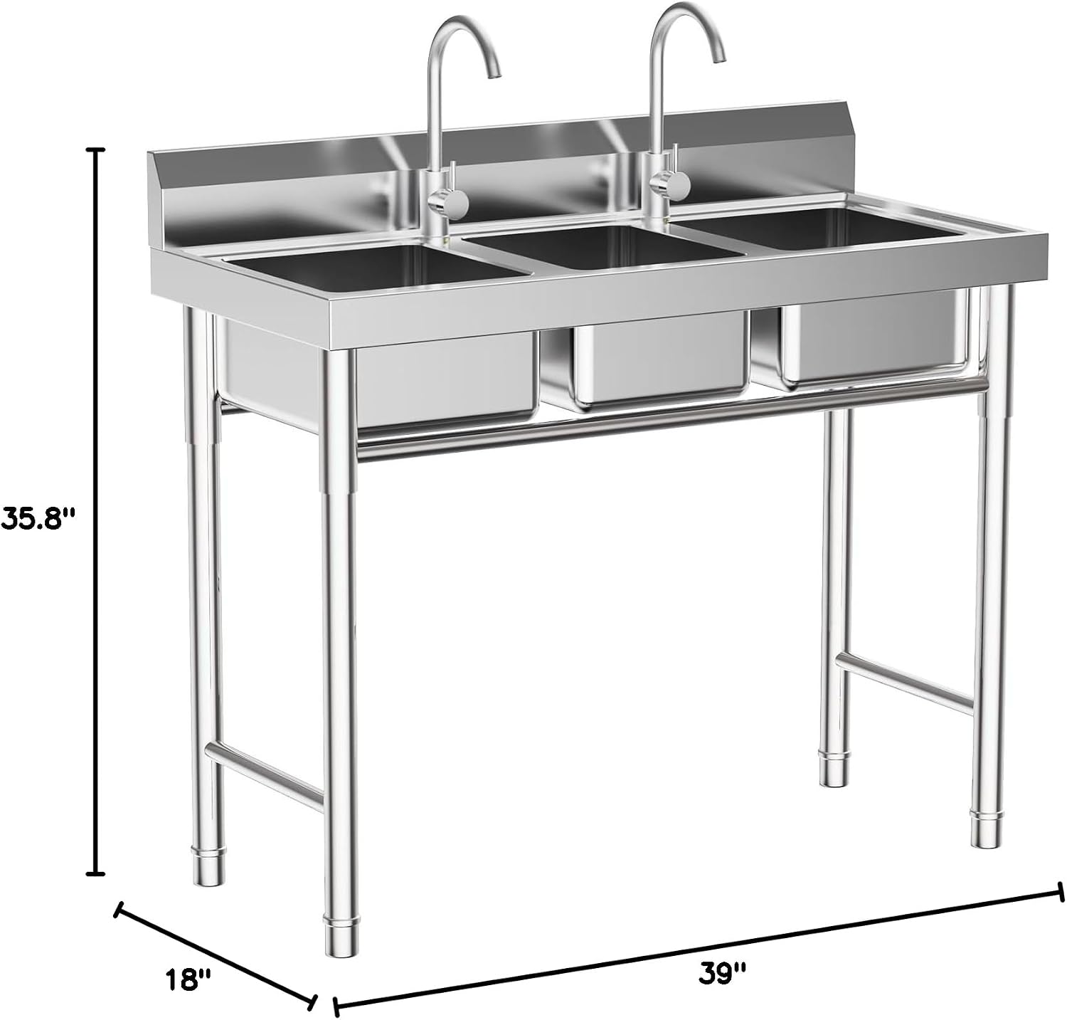 Stainless Steel Sink 3 Compartment Commercial Utility Sink Free Standing Kitchen Sinks with 2 Cold and Hot Water Faucets for Kitchens, Garage, Laundry Room (39''W ×18''D ×35.8'H)