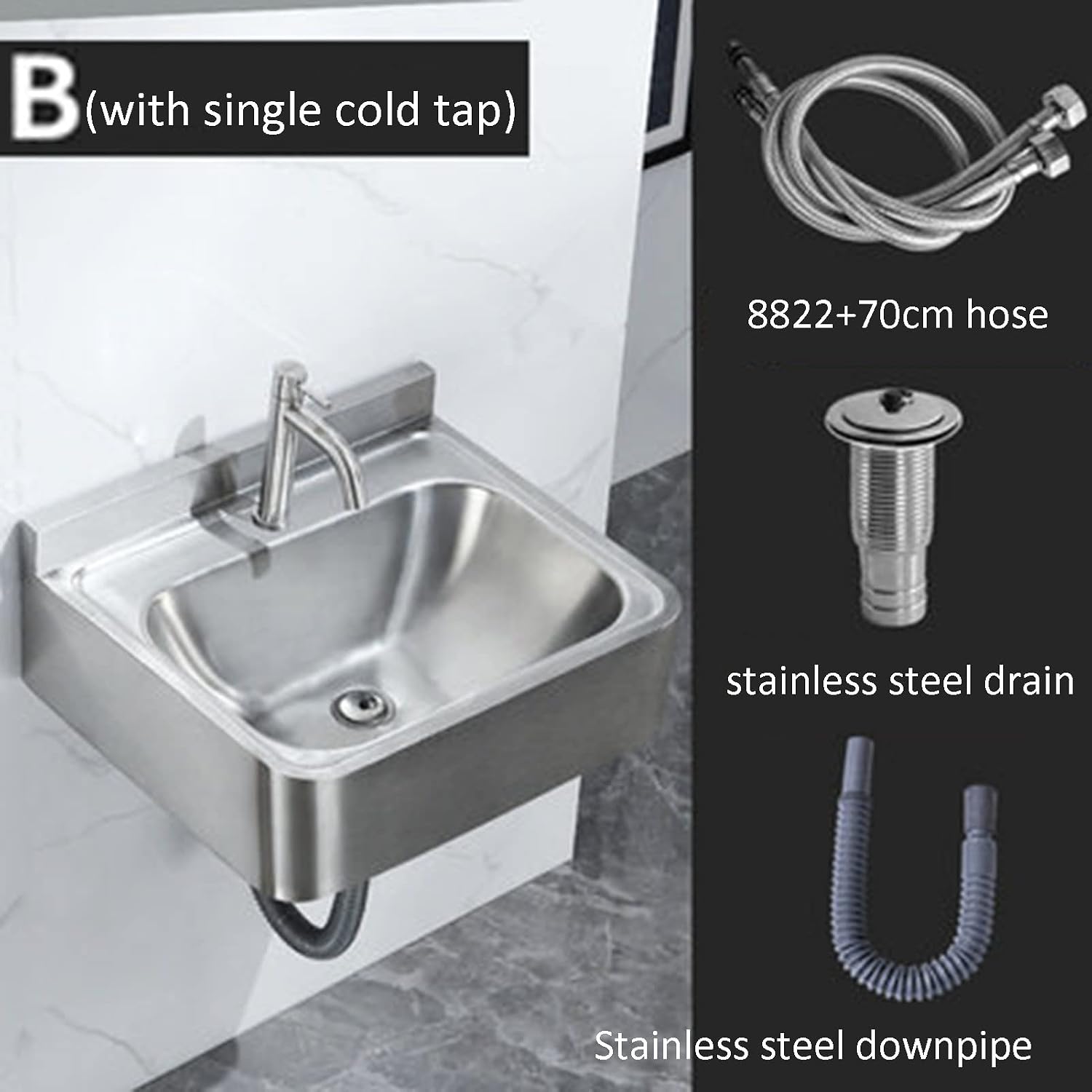 Stainless Steel Sink, Wall-Mounted Single Bowl Sink, Wash Basin Thick Small Sink for RV, Campervan,Silver-B (43x41.2x15cm)