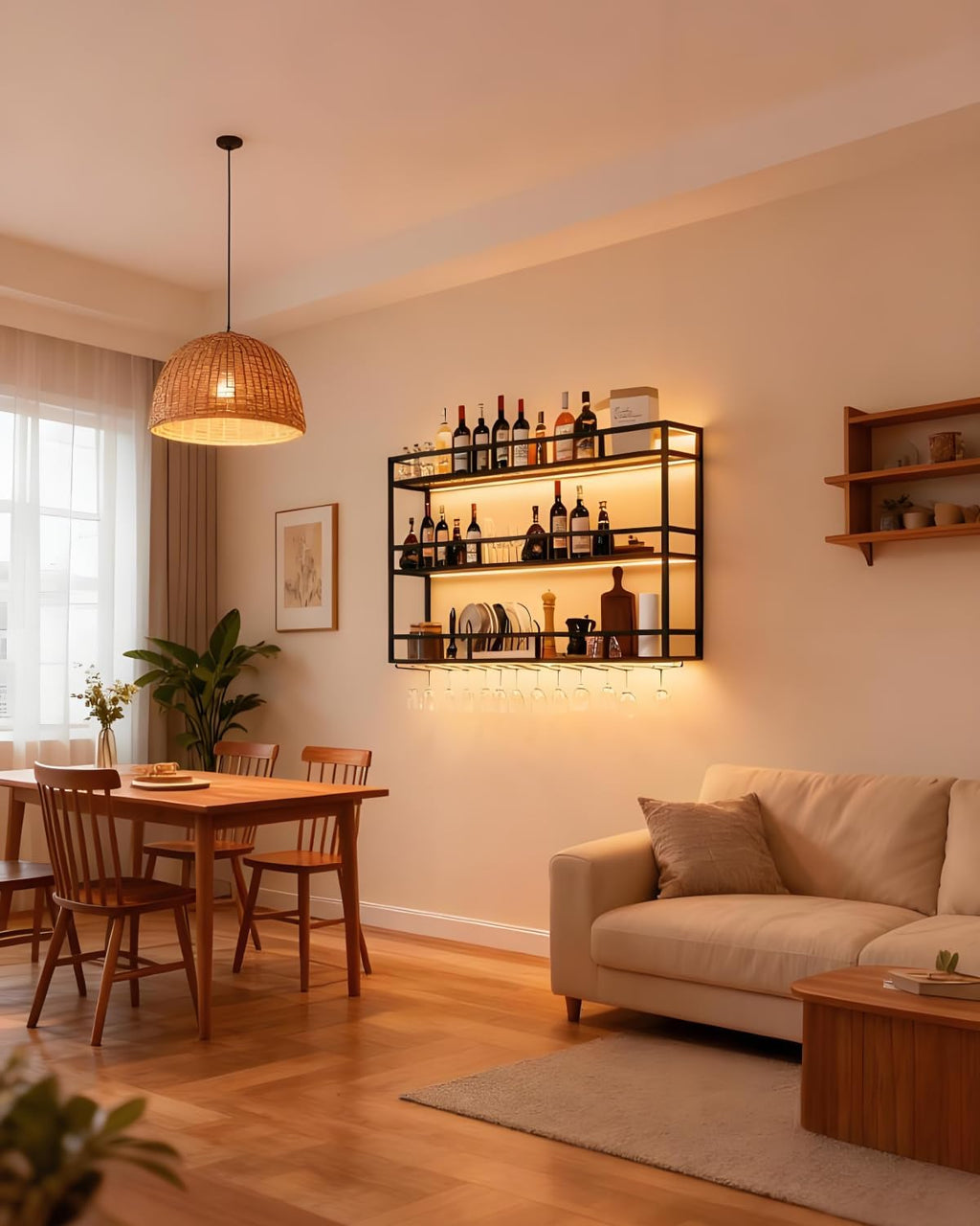 59' Large Wine Rack Wall Mounted with Bottle Glass Holder, 3-Tiers Metal Bar Shelves for Liquor Bottles with LED Light, Wall Wine Rack for Home, Restaurant, Commercial Bar, Kitchen Storage Display
