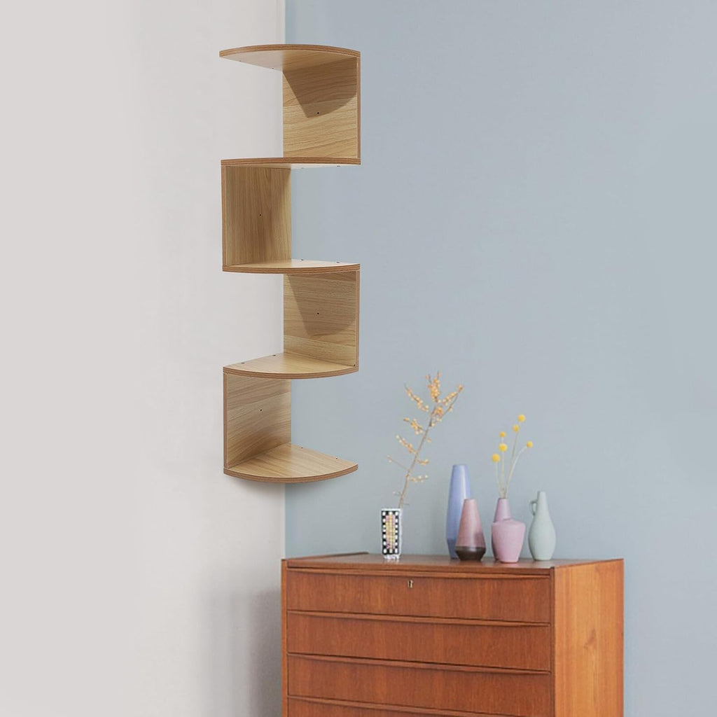 Creative 5-Tier Wooden Wall-Mounted Corner Storage Shelf, Light Walnut Household Floating Rack for Books, Decorative Flowerpots, and Home Organization