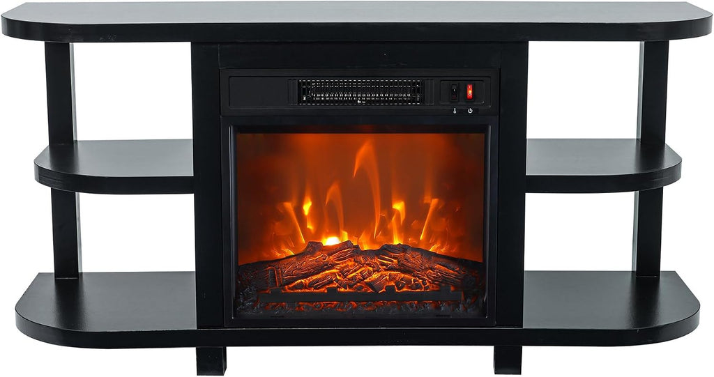 48' Fireplace TV Stand for TVs up to 55', Farmhouse Entertainment Center with 18' Electric Fireplace Insert, 1400W Wood Media Console Table with Open Storage Shelves for Living Room, Bedroom (Black)