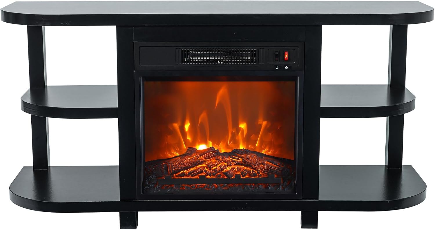 48' Fireplace TV Stand for TVs up to 55', Farmhouse Entertainment Center with 18' Electric Fireplace Insert, 1400W Wood Media Console Table with Open Storage Shelves for Living Room, Bedroom (Black)