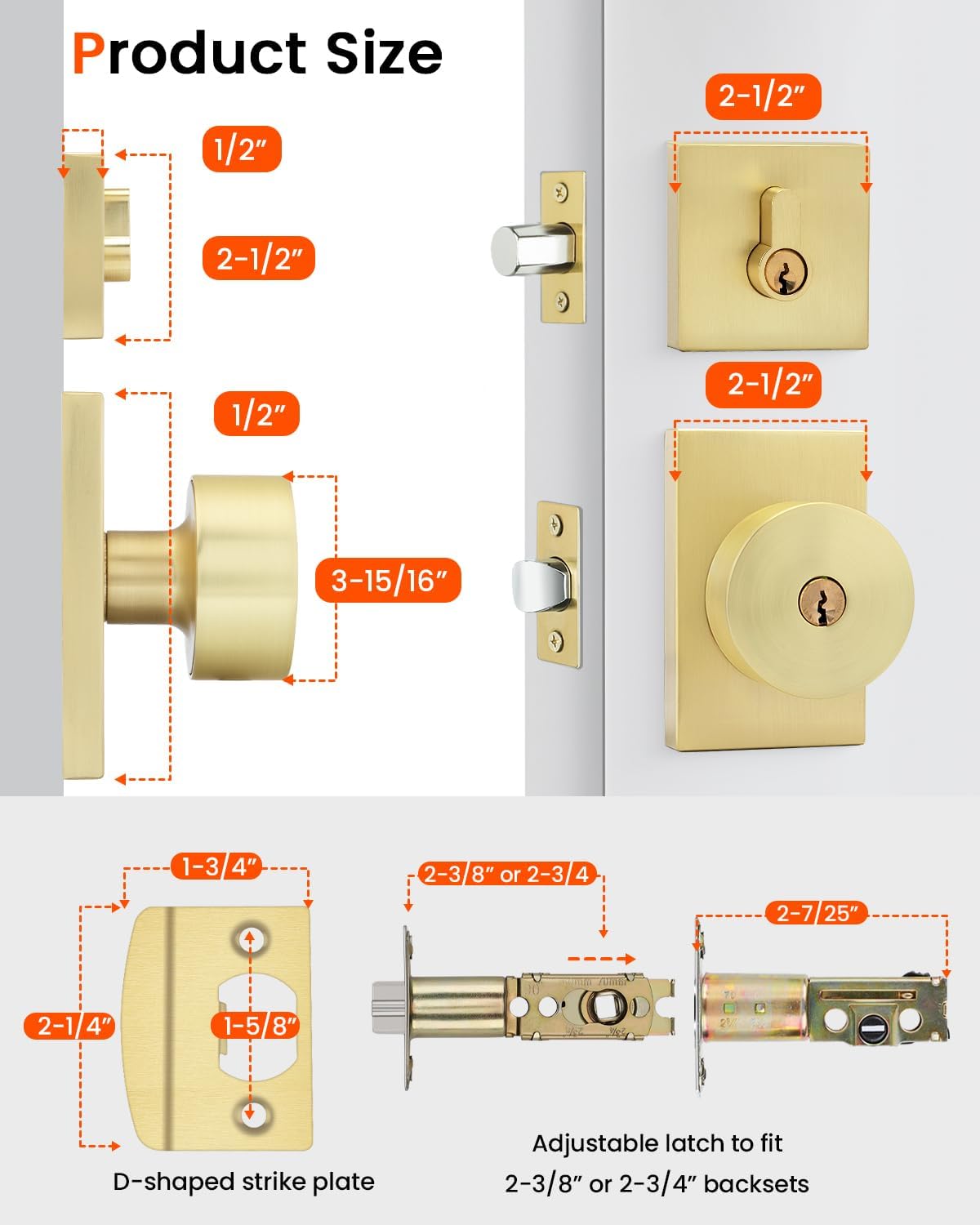 Haidms Gold Exterior Door Knob with Deadbolt, Zinc Alloy Brushed Gold Exterior Door Lock Set, Heavy Duty Brushed Brass Front Door Knob and Deadbolt Set with Lock and Key (3 Pack)