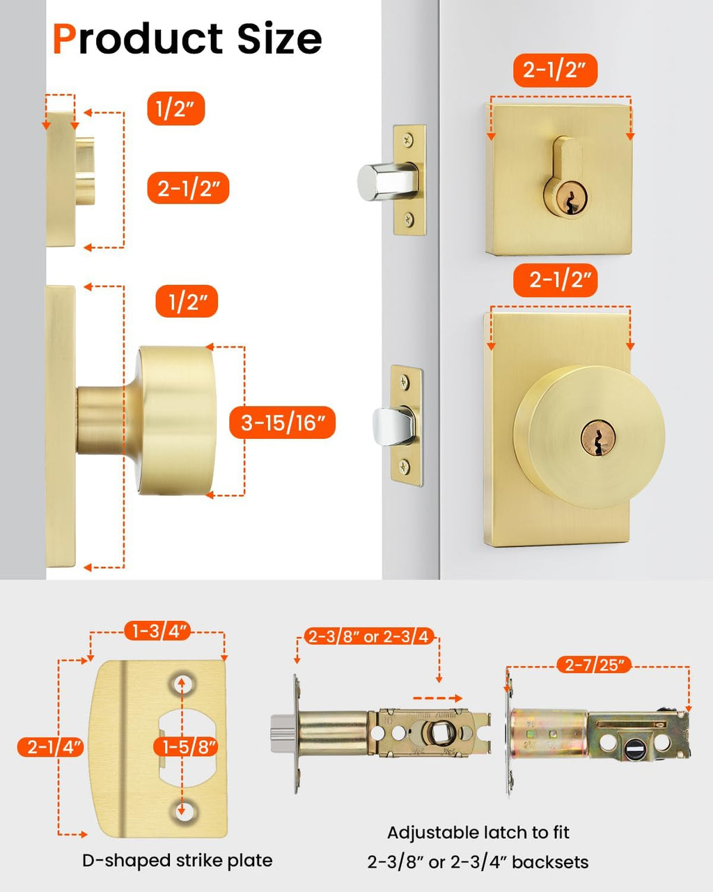 Haidms Gold Door Knob with Deadbolt, Zinc Alloy Brushed Gold Keyed Alike Exterior Door Lock Set,Heavy Duty Brushed Brass Front Door Knob and Deadbolt Set with Lock and Key, Reversible (2 Pack)