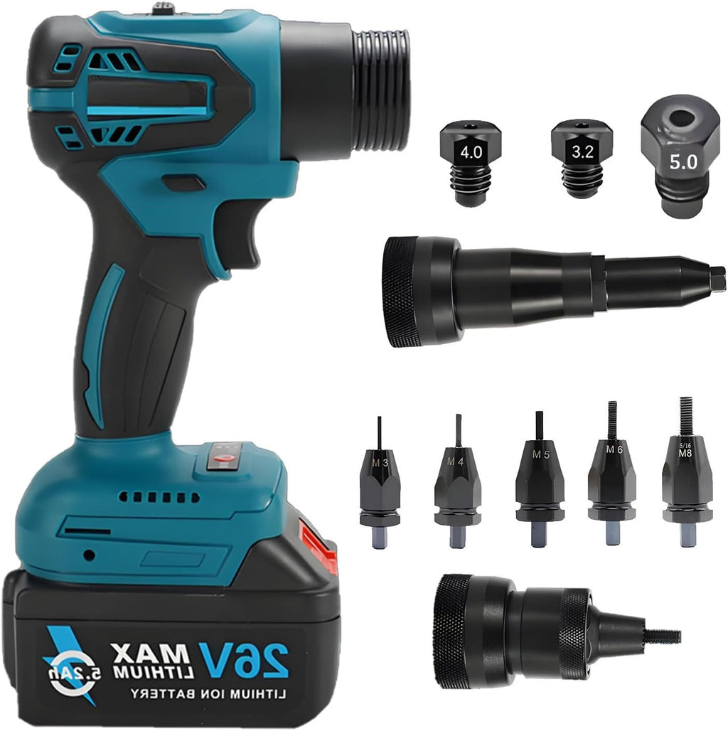 26V Cordless Electric Rivet Gun Brushless - Portable Battery Pop Rivet Tool Kit, Auto Reverse, Toolbox Storage, Fits 0.12-0.2in Rivets for Roofer, Gutter Installer & Mechanic Dual-useversion