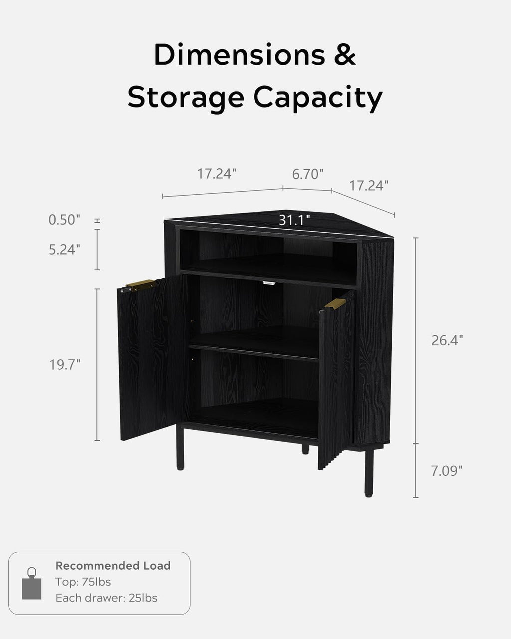 EYYTHUNG Black Corner Cabinet with Open Storage, Fluted Small Corner Floor Cabinet with 2 Doors & Adjustable Shelf, Wooden Freestanding Storage Organizer for Small Space,Living Room, Dining Room