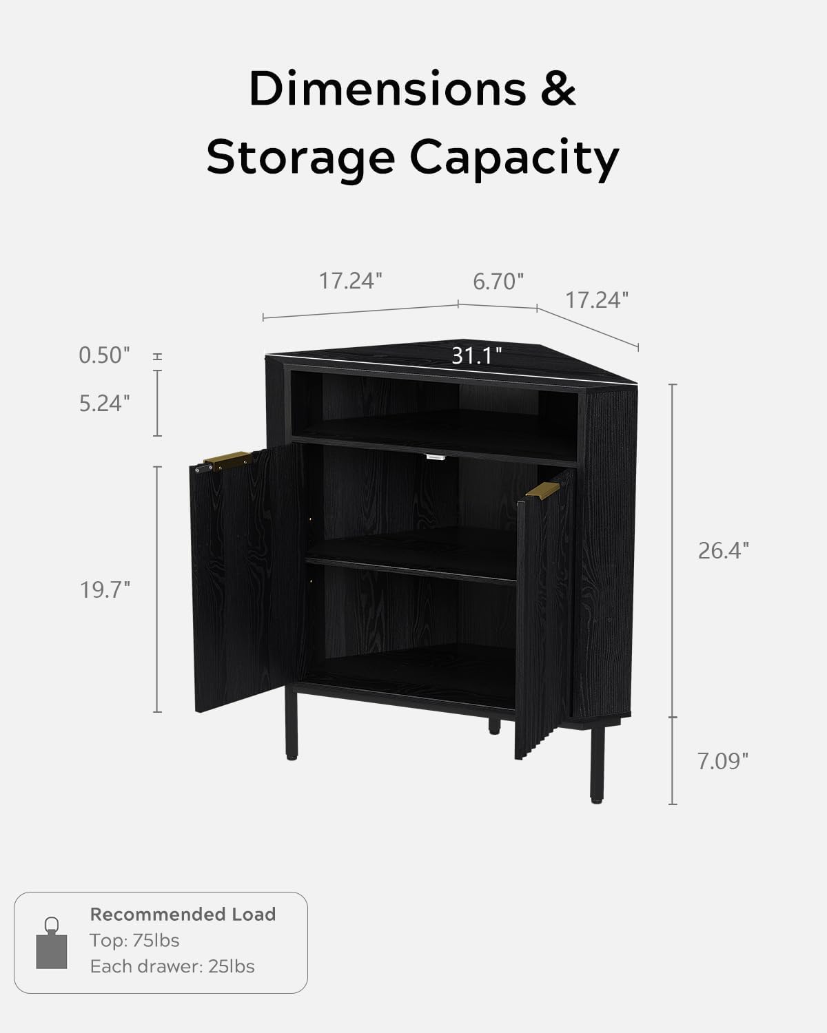 EYYTHUNG Black Corner Cabinet with Open Storage, Fluted Small Corner Floor Cabinet with 2 Doors & Adjustable Shelf, Wooden Freestanding Storage Organizer for Small Space,Living Room, Dining Room