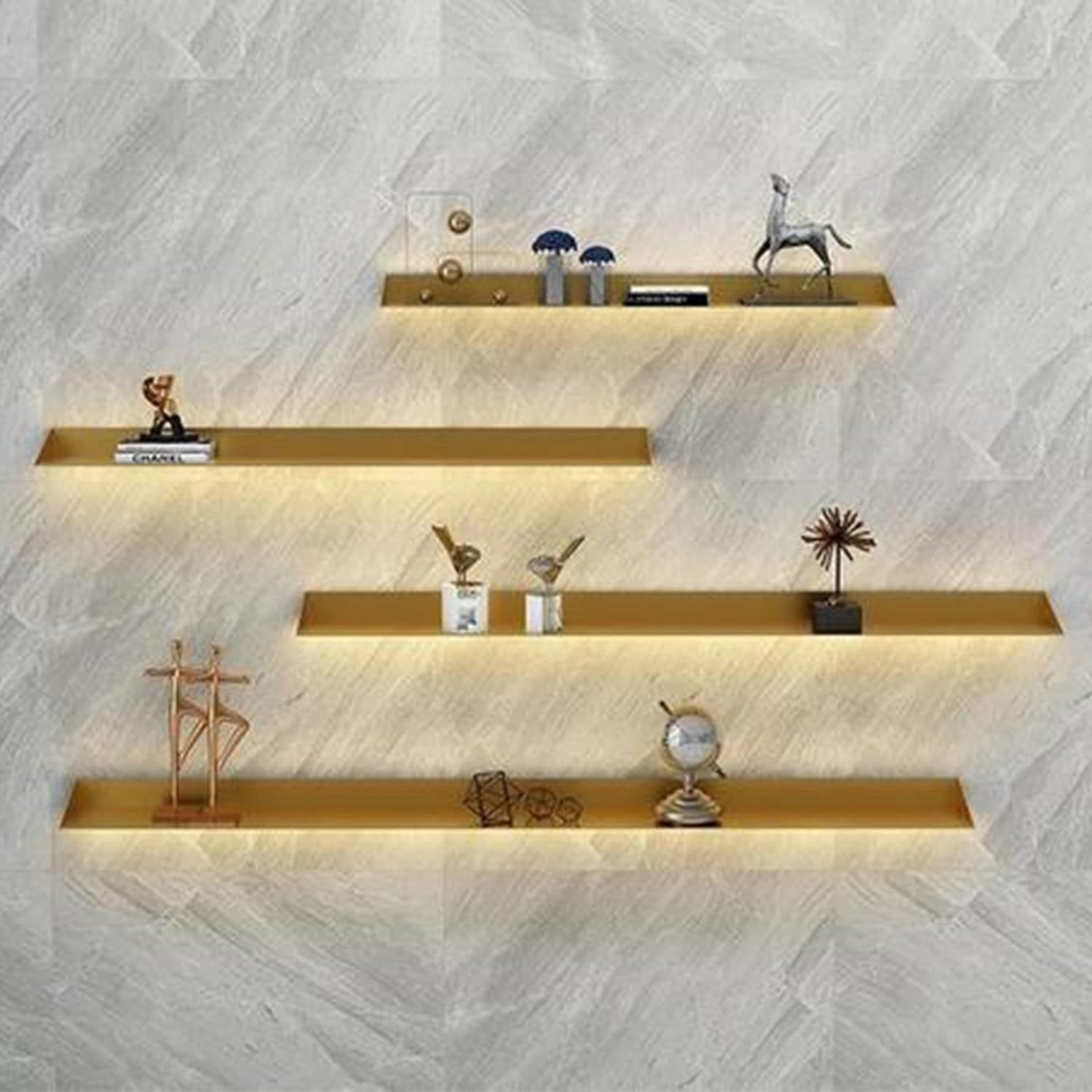 Storage Rack, LED Light Aluminum Wall Shelves, Floating Wall Shelves Floating Shelves Wall Mounted Light-Emitting Shelves for Plant Shelf Or Bookshelf (Gold-60x20cm