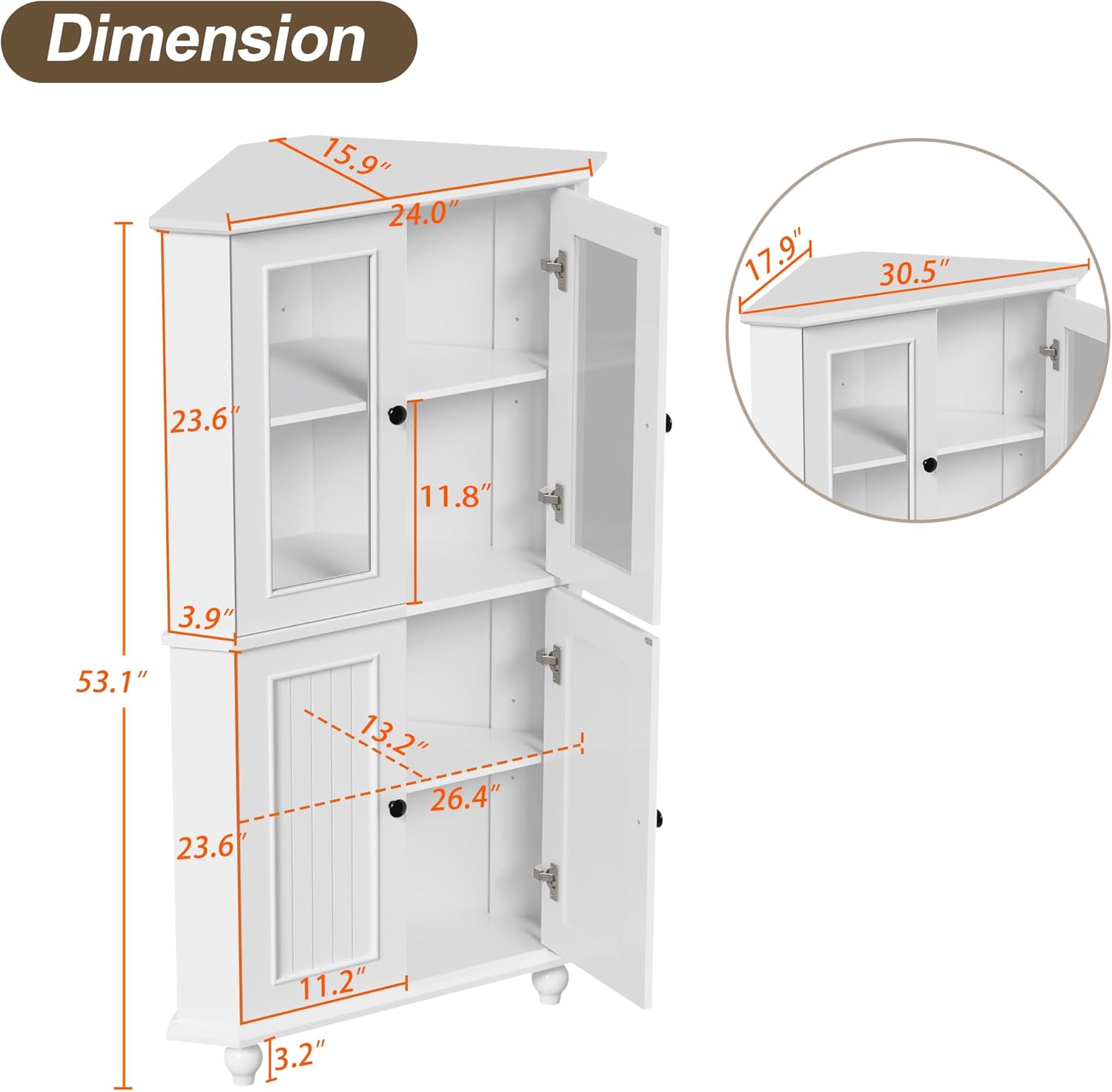 Tall Corner Cabinet with Glass Doors, White Corner Shelf for Living Room | Tempered Glass, Painted, Adjustable Shelves, Roman Column Legs, Anti-Tipping Device, Assembly Required, Large Storage Space