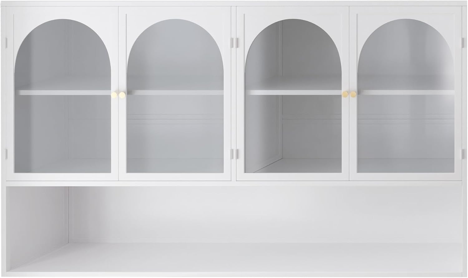 Retro Style Tempering Glass Door Wall Cabinet with Detachable Shelves and Open Shelves，for Office Dining Room,Living Room, Kitchen and Bathroom.White