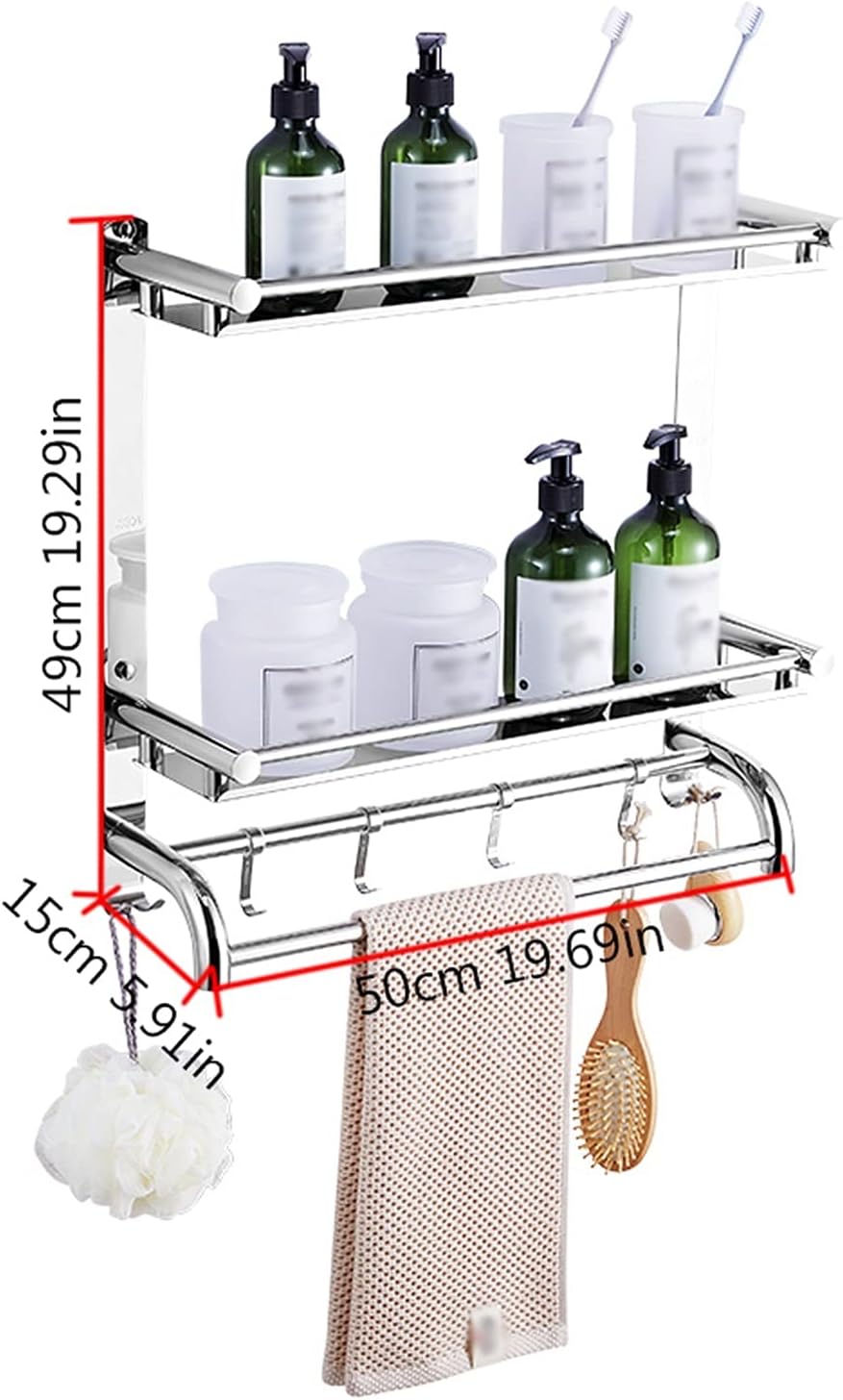 TOMYEUS Shower Caddy Bathroom Shelf 2 Tier Bathroom Shelf Wall Mounted with Towel Bar and 6 Hooks，Floating Shelves Wall Mounted，20Inch 304 Stainless Steel Shower Organizer