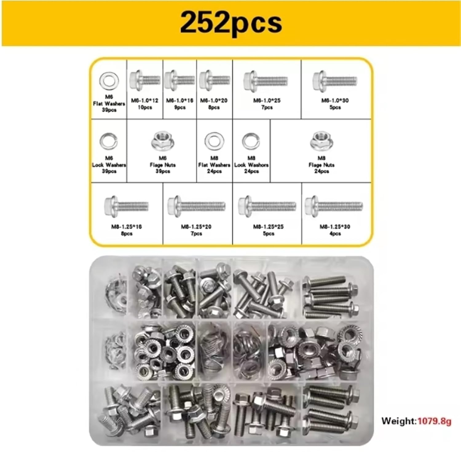 Set Screw Assortment Kit 304 Stainless Steel Metric High Strength Flange Hexagonal Bolt Set for Homeowners,DIYers,Mechanics,Industrial Workers(304SS M6 M8 1box)