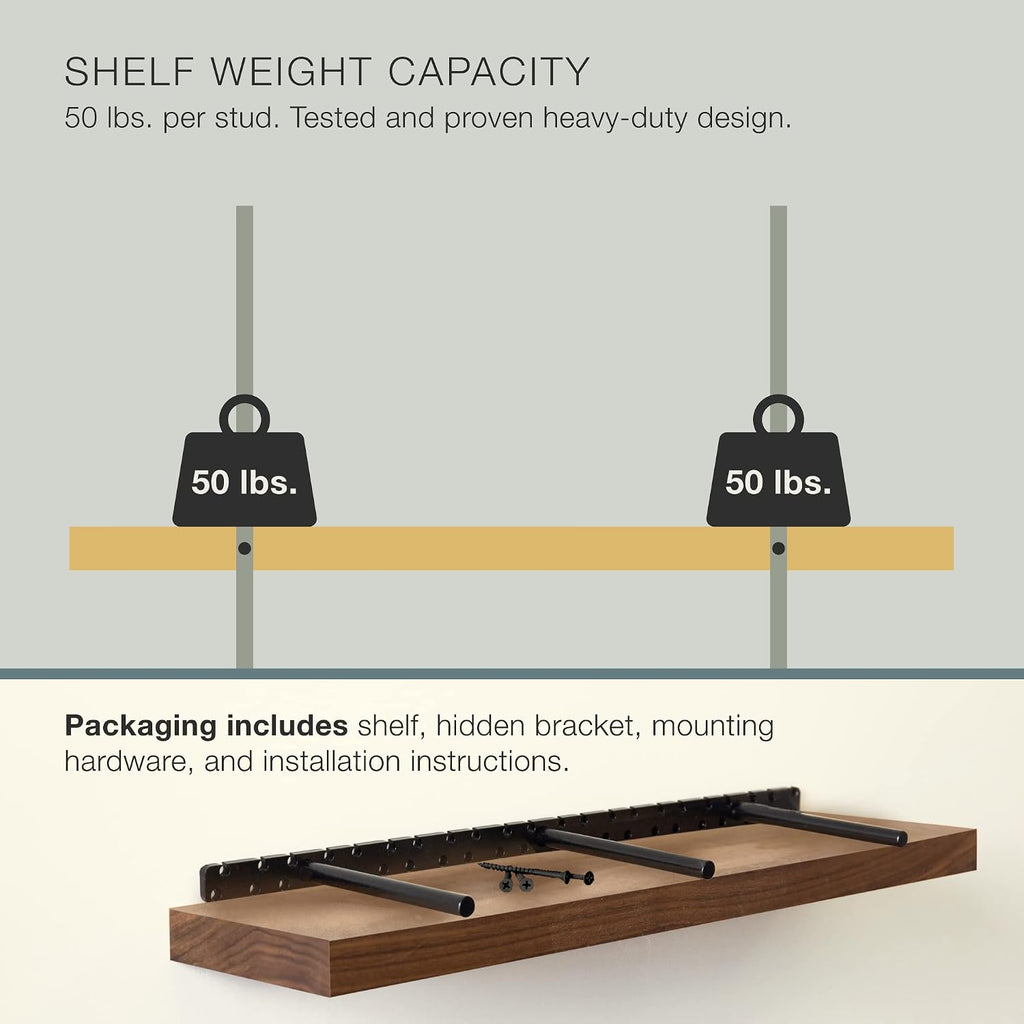 UltraShelf Solid Wood Floating Shelf for Wall Decor, Walnut, 24' Long x 6' Deep