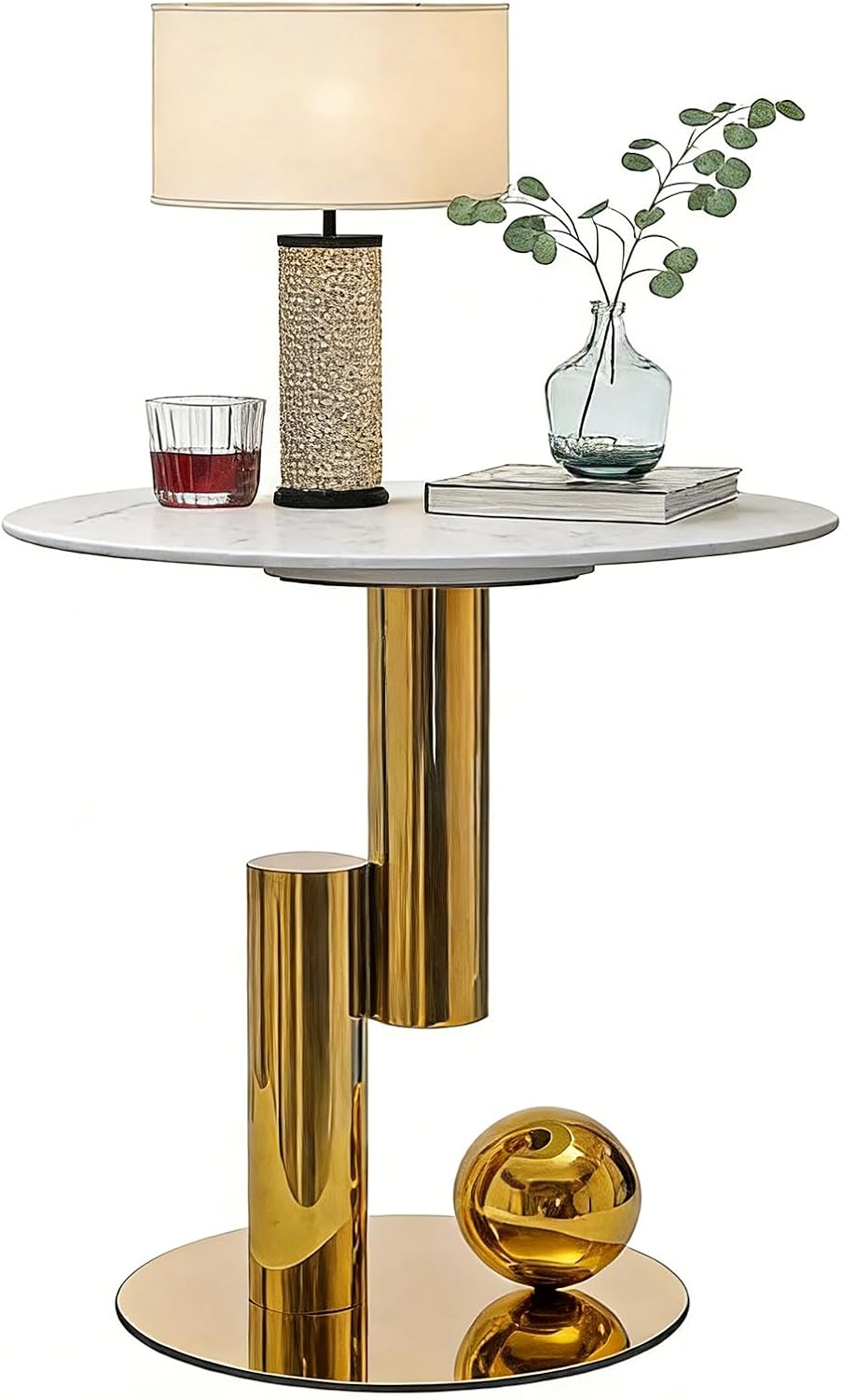 White Gold Round Side Table, 19.7' Faux Marble Sofa End Table, Modern Nightstand, Small Accent Table with Stainless Steel Ball/Cylindrical Frame, for Living Bedroom Office (Gold, 50cm/19.7')