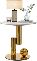White Gold Round Side Table, 19.7' Faux Marble Sofa End Table, Modern Nightstand, Small Accent Table with Stainless Steel Ball/Cylindrical Frame, for Living Bedroom Office (Gold, 50cm/19.7')
