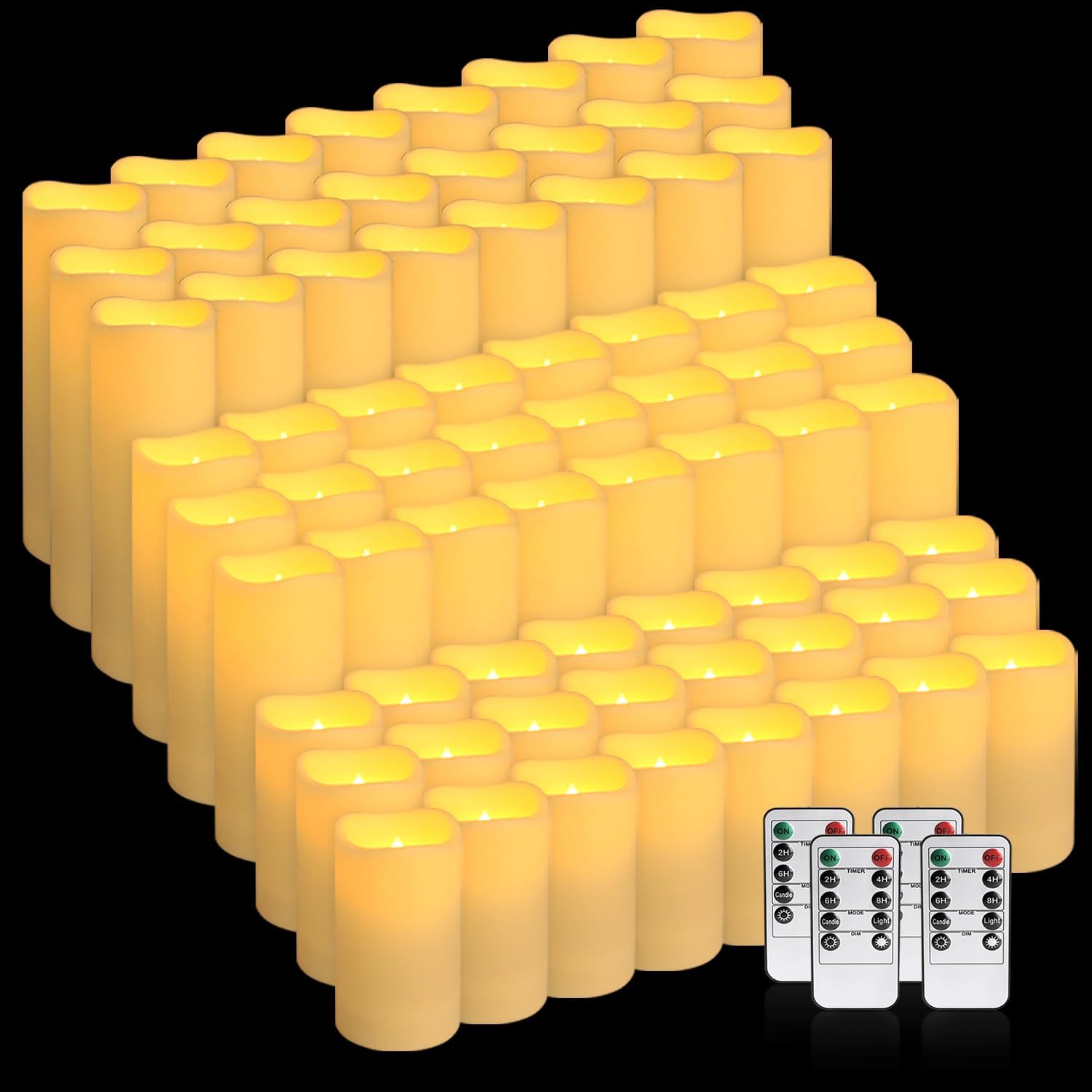 144-Pack LED Flameless Flickering Candles with Remote Control and 2/4/6/8 H Timer Led Pillar Candles of Wedding, Table, Halloween,Christmas Decorations and Special Occasions (Three Sizes)