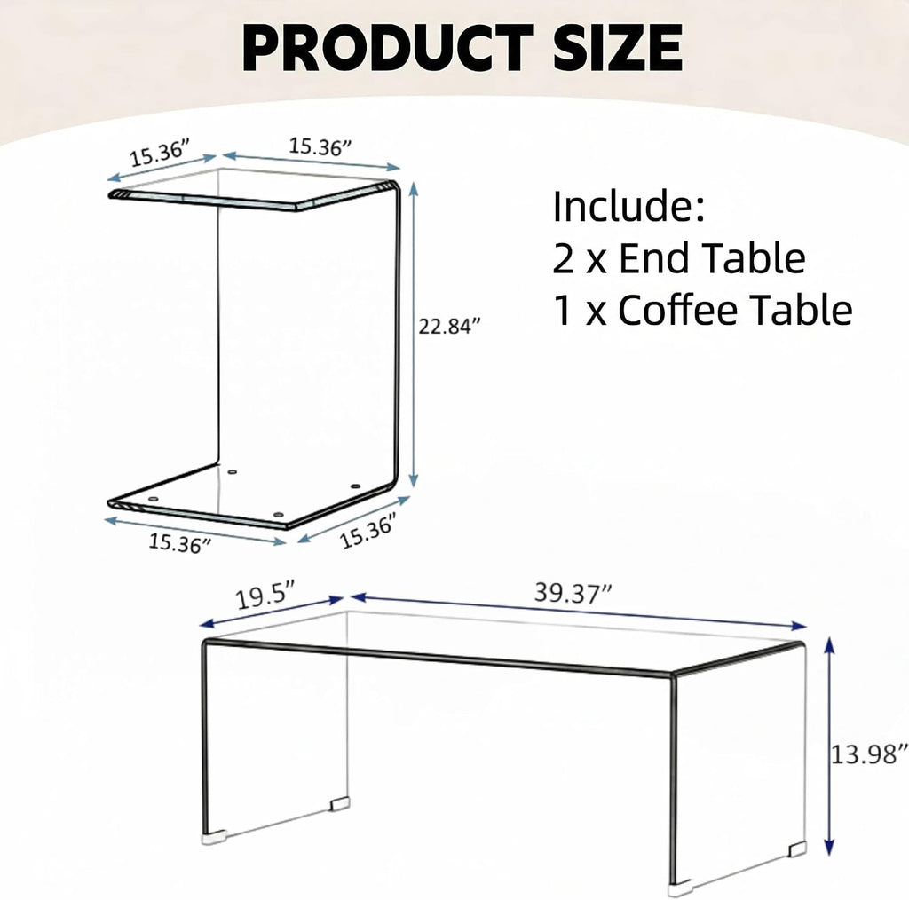 Modern 3 Piece Tempered Glass Living Room Table Set, 39.4' Waterfall Coffee Table & 2 Glass C Table, 12mm Ultra-Thick Coffee Table Set, No Assembly Required, Minimalist Small Space Solution