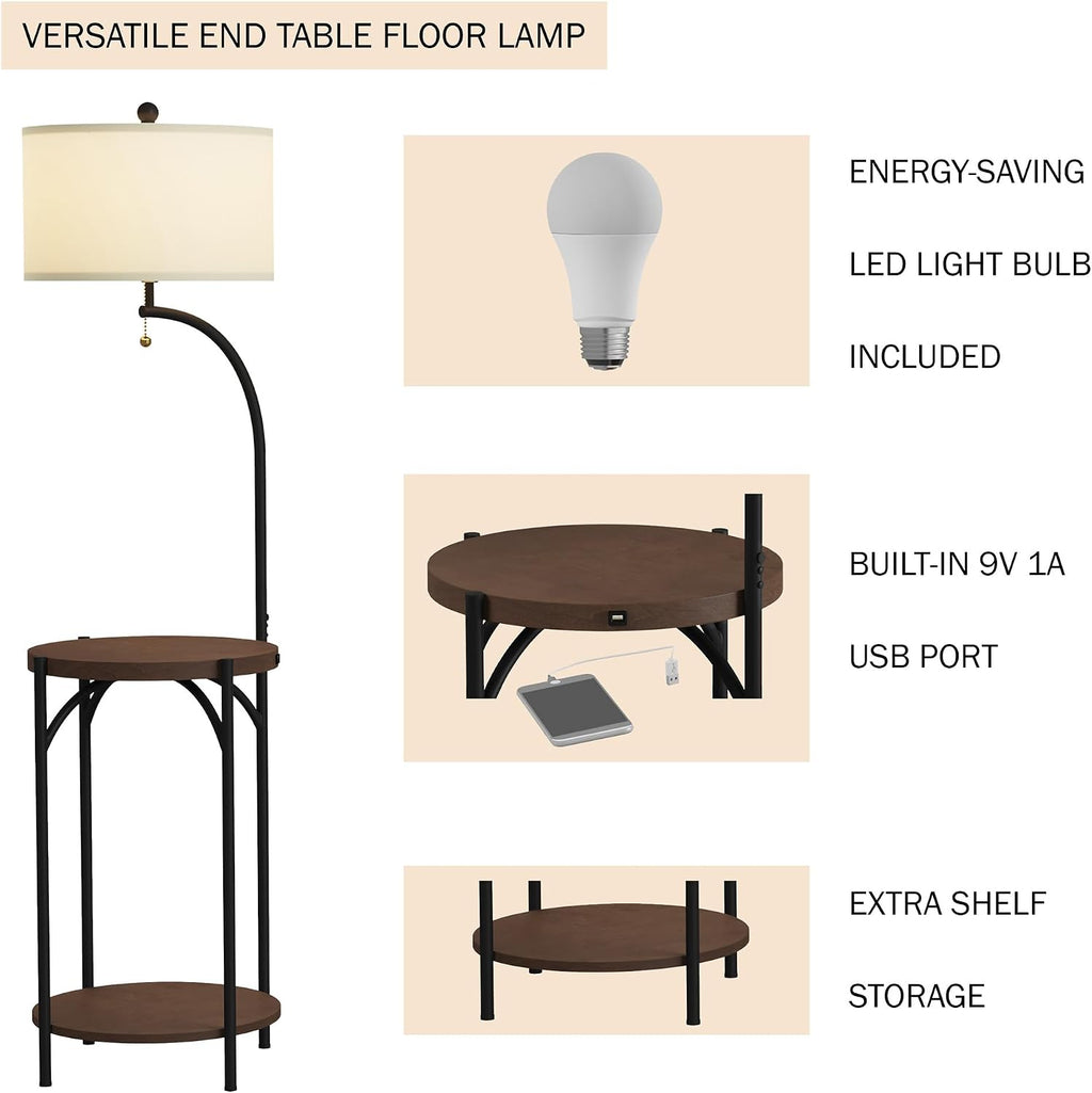 Floor Lamp with End Table - Modern Rustic Side Shelves with USB Charging Port, LED Light Bulb, and Drum-Shaped Shade - Standing Lights by Lavish Home