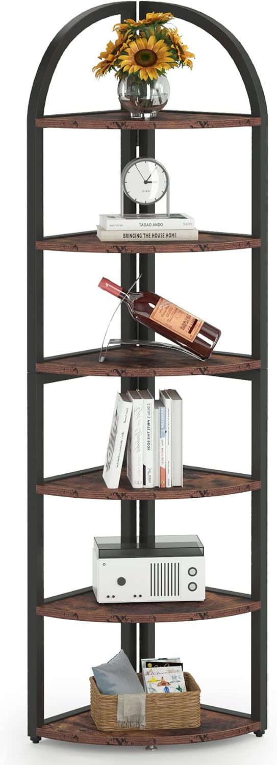 LITTLE TREE 6-Tier Corner Shelf Stand, Freestanding Corner Bookshelf with Adjustable Feet, Rustic Brown Storage Rack for Living Room, Kitchen, Bedroom, Office