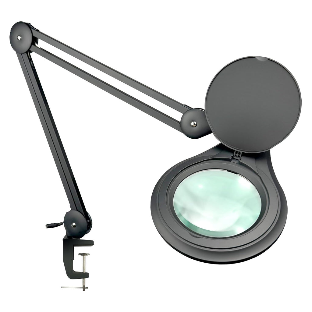 ESD Safe (Glass Lens) Professional LED Magnifying Lamp with Clamp (5 Diopter, 2.25X) Work Light, 4 Brightness Levels, Daylight Bright, 1200 Lumens, 5600K-6000K, Matte Black, BoliOptics MG16303222