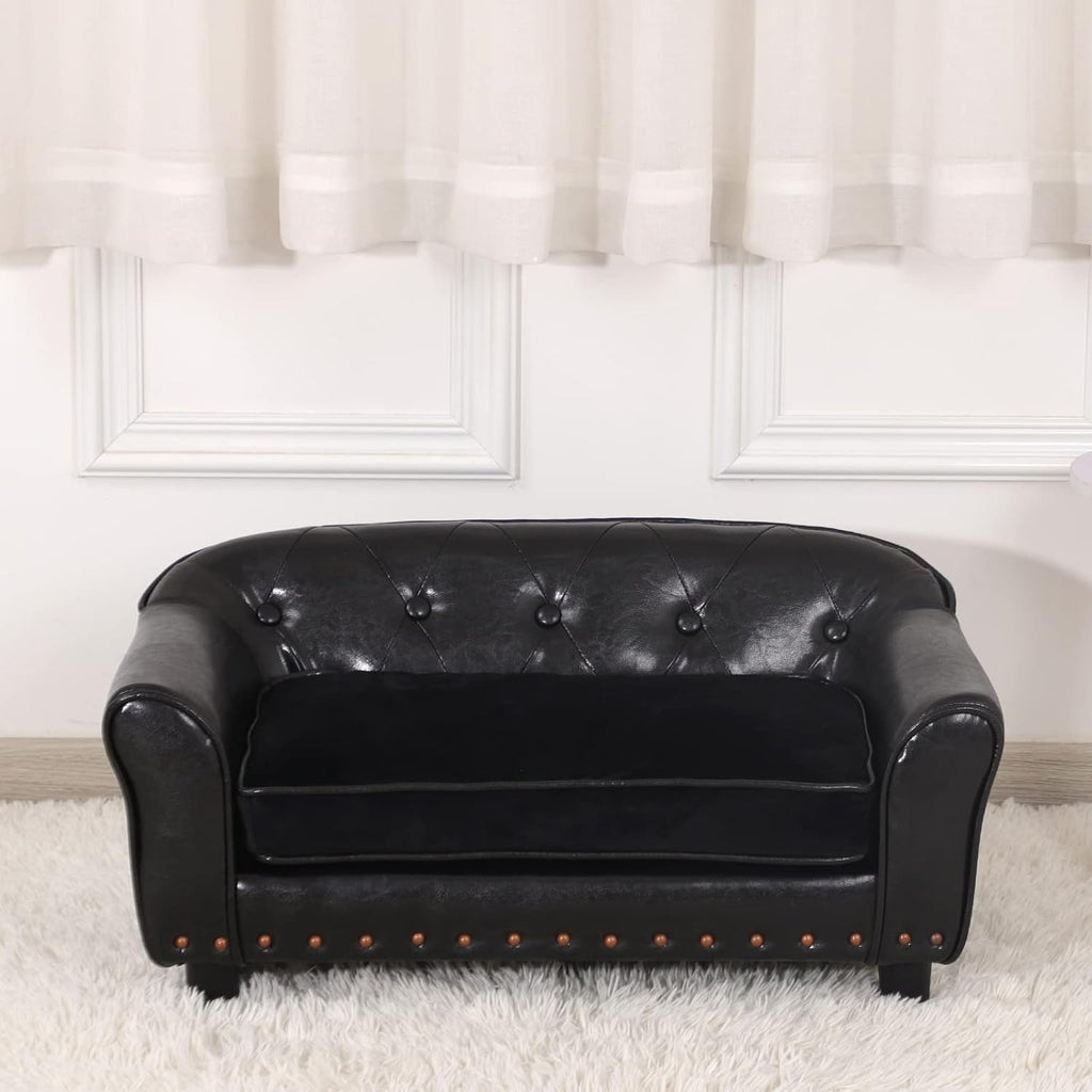 Dog Couch,Puppy Bed,Cat Sofa,Cat Couch,Pet Sofa,Dog Chair,Small Pet Bed with Copper Nail and Wooden Frame, Leather Fabric and Cushion,for Small Animals Using (Black)